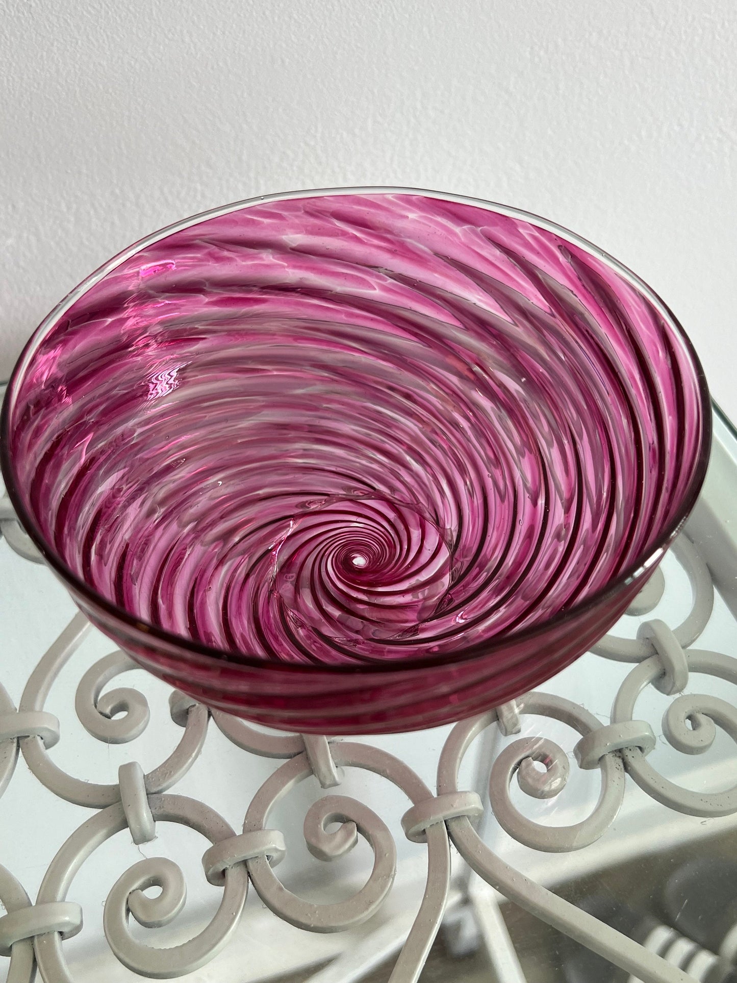 Vintage Cranberry Glass Bowl: Pink Swirl Art Glass, Circa 1960s