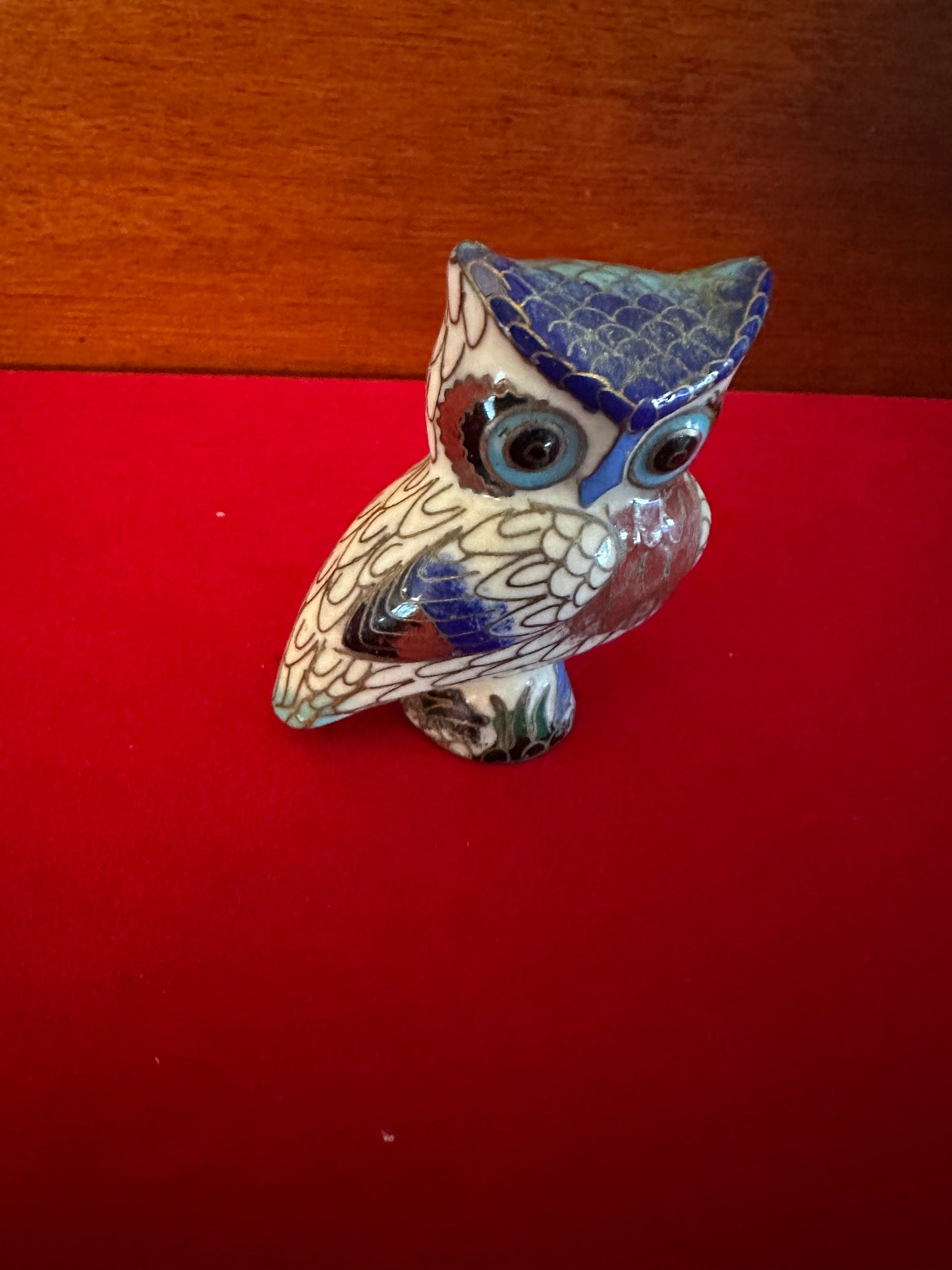 Vintage Cloisonné Enamel Owl Figurine: Cobalt Blue Brass Statue