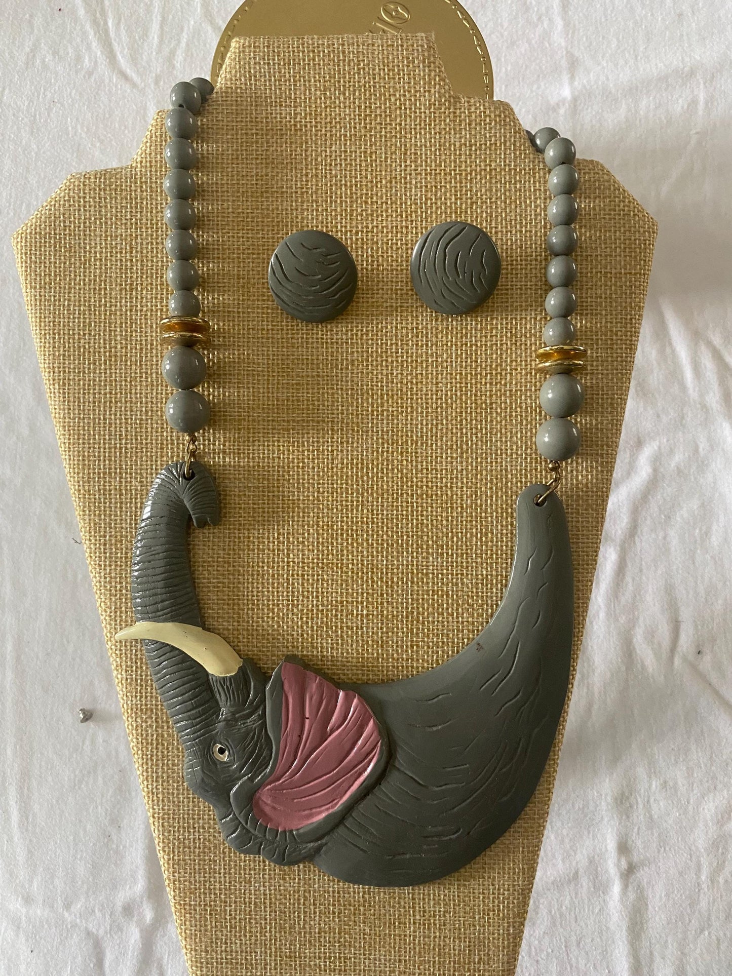 Vintage Elephant Figural BIB & Beaded Statement Resin Necklace and Matching Earrings Jewelry Unique Gifts Lover Antiques and Vintage