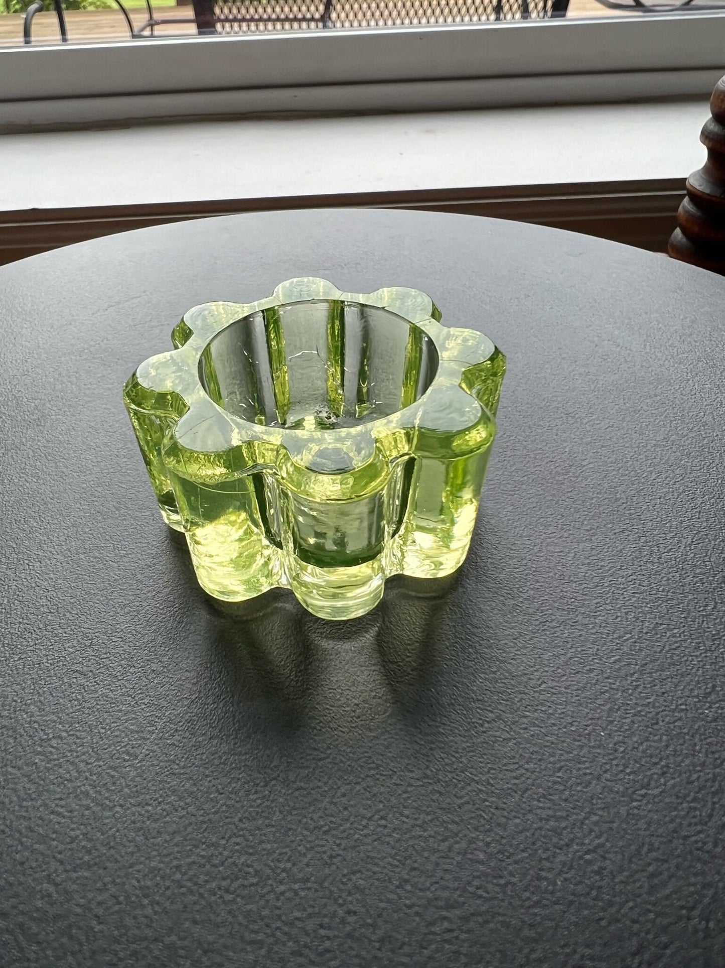 Vintage Uranium Glass Flower Salt Dish: Green Vaseline Glass