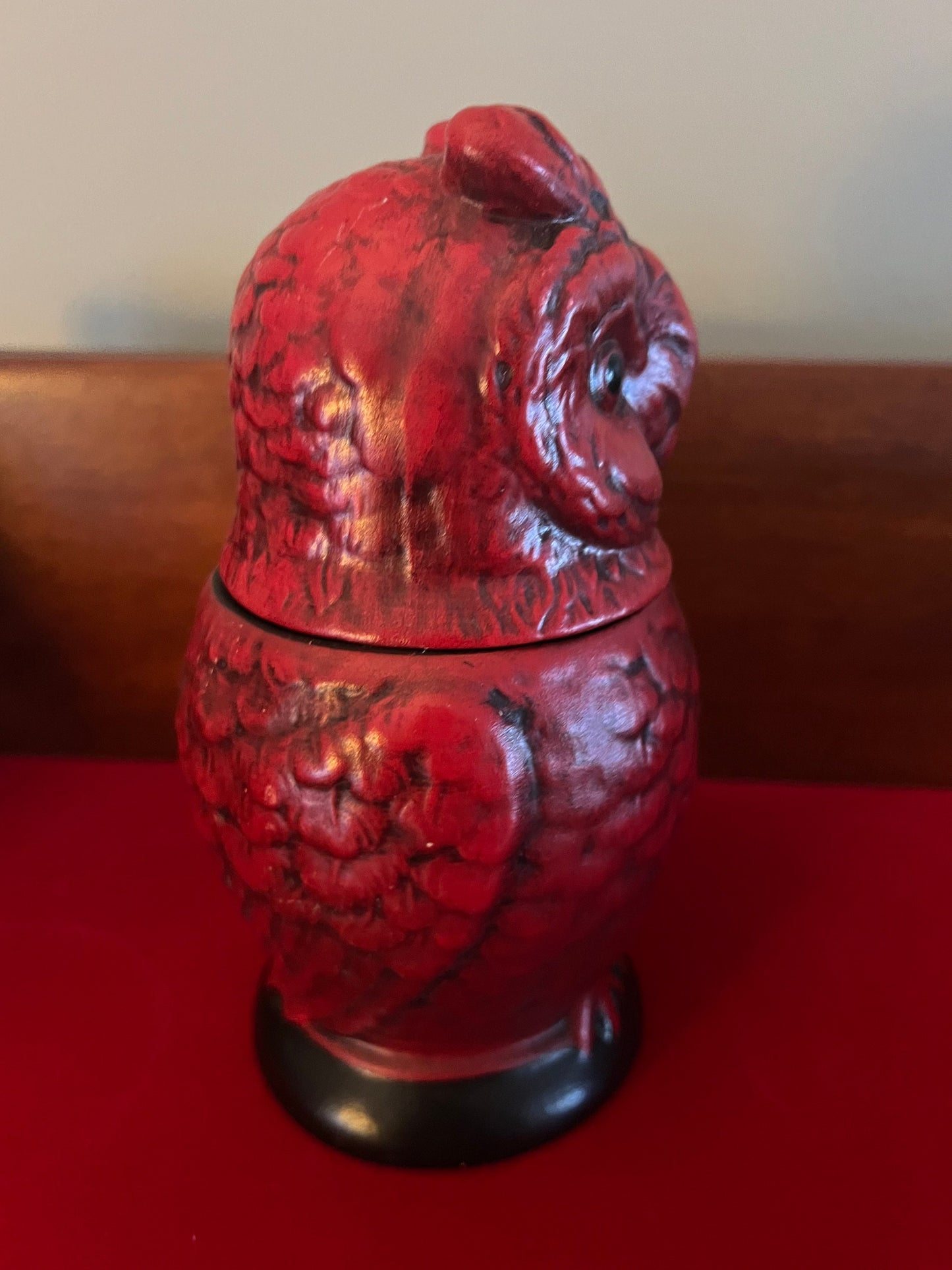 Vintage Red Ceramic Owl Jar: Removable Head Trinket Dish