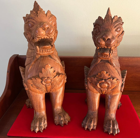Vintage Carved Teak Foo Dogs: Hong Kong Statues, Set of 2