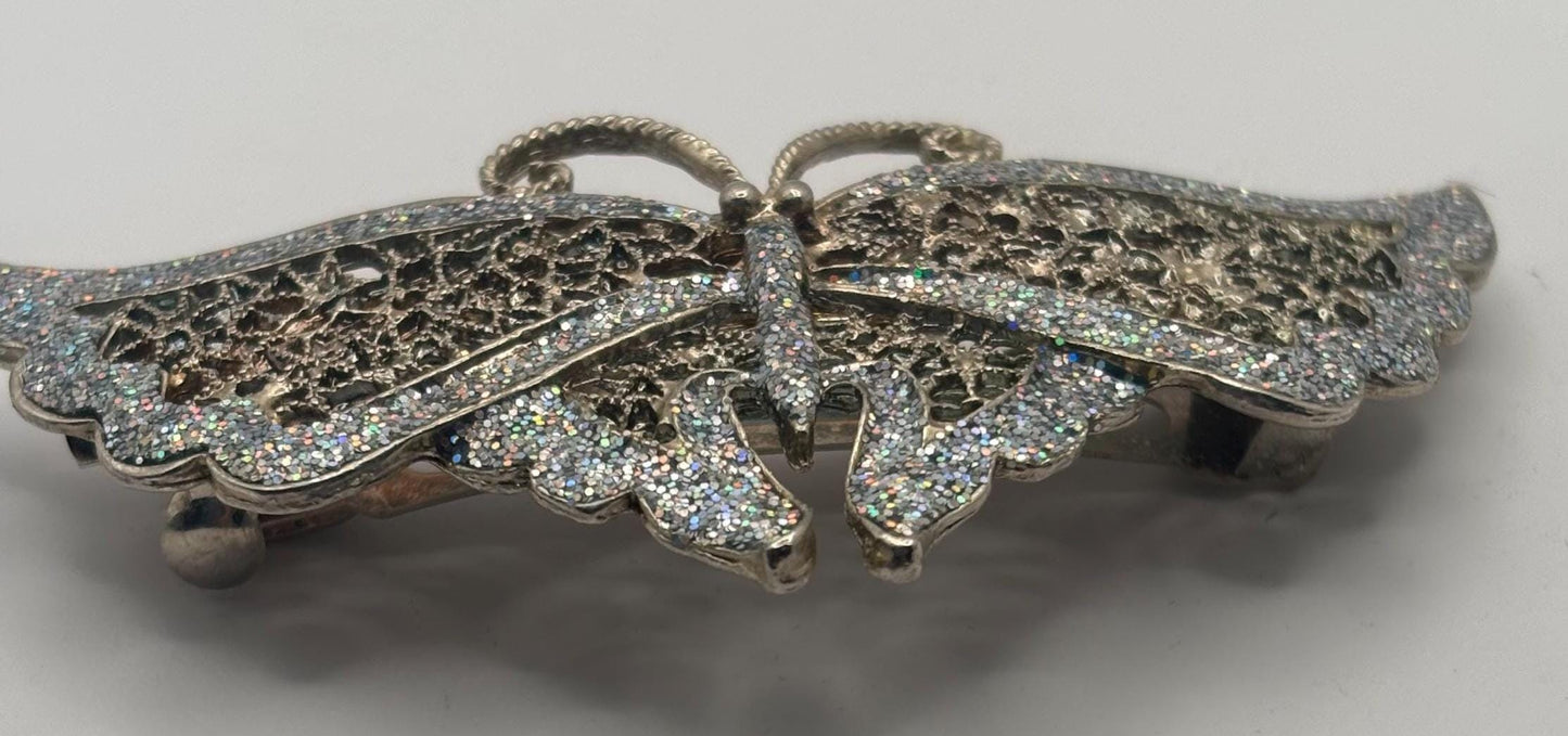 Elegant Butterfly Hair Clip, Butterfly Barrette Circa 1940's, French Silver Glass Stones
