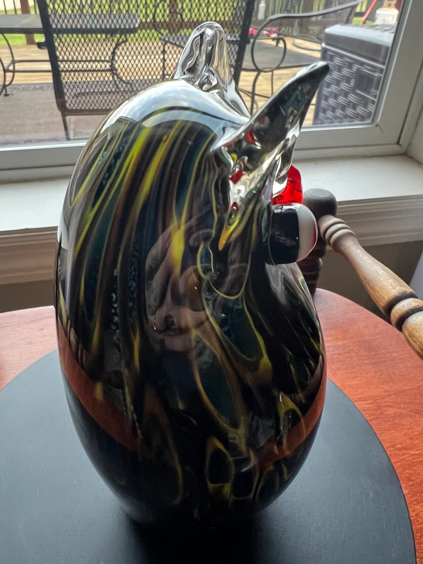 Vintage Murano Style Art Glass Owl Figurine: Blue, Red, and Gold Sculpture