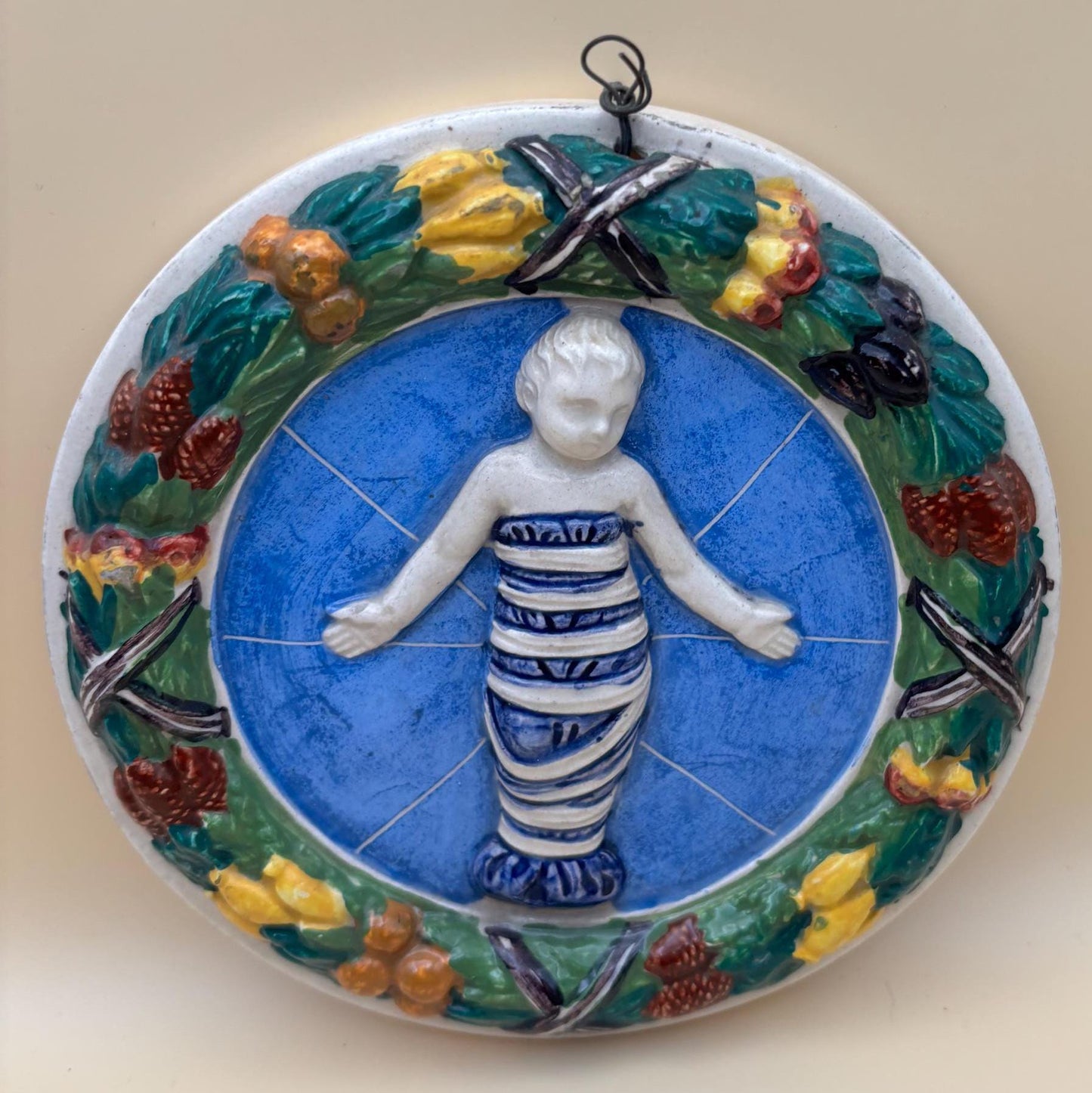 Vintage Italian Della Robbia Ceramic Christ Child Wall Plaque