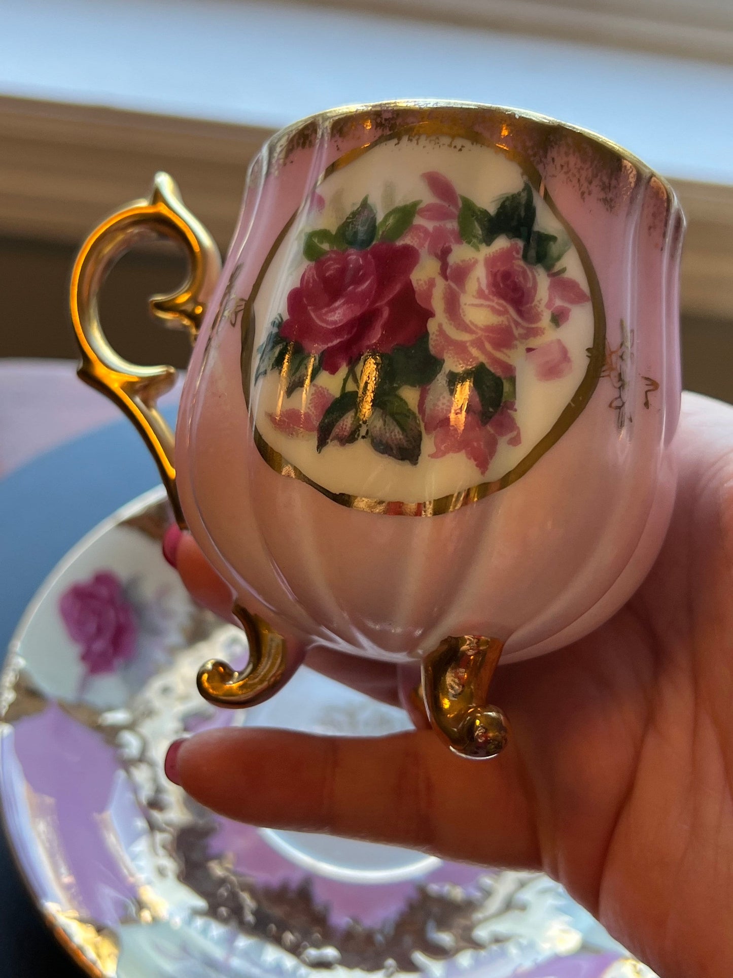 Vintage Shafford Bone China Tea Cup and Saucer: Rose and Gold Hand Painted