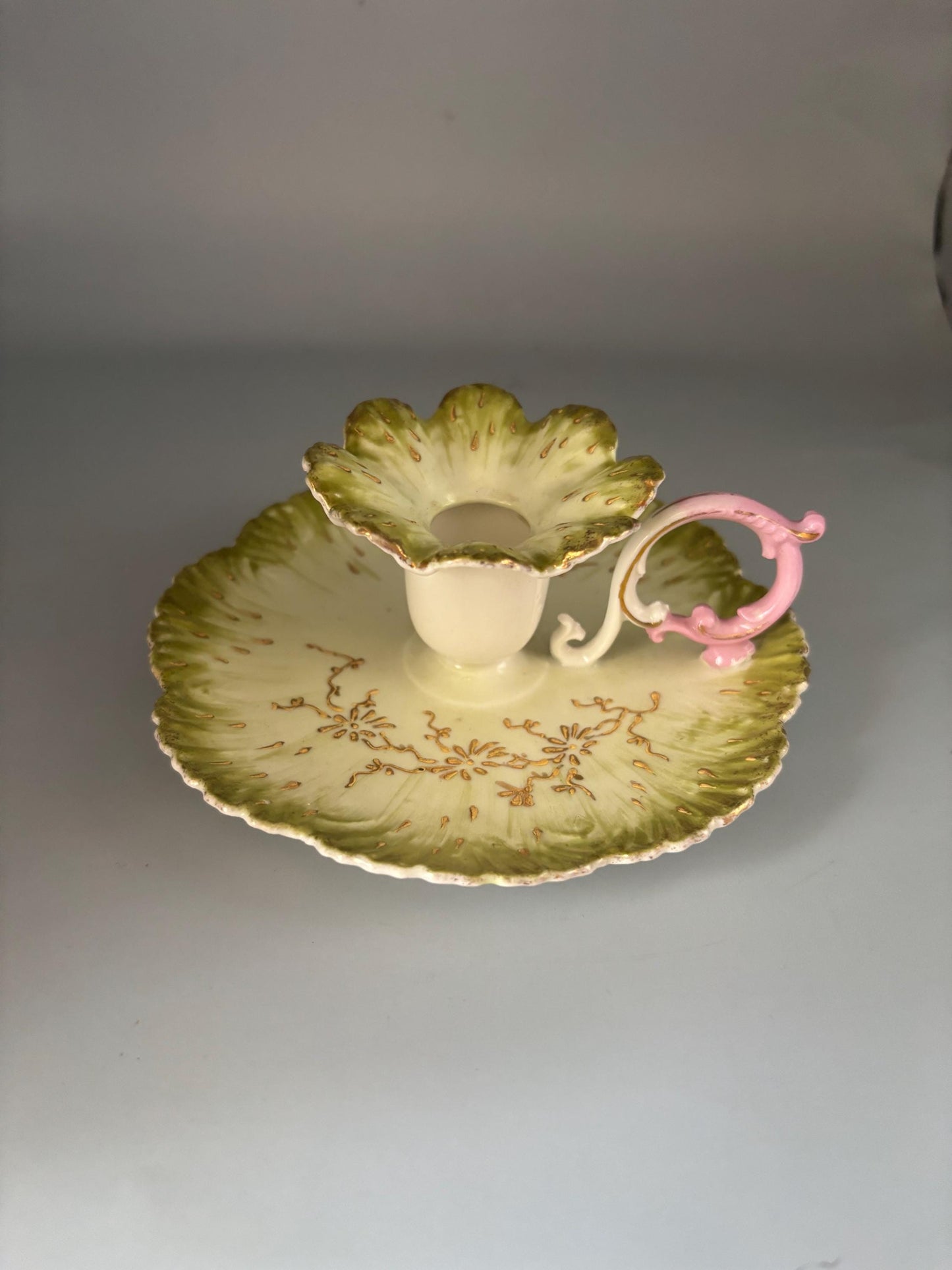 Vintage Limoges Green Gold Pink Fancy Candle Chamberstick with Saucer, French Porcelain Candle Holder, Unique Gift for Her