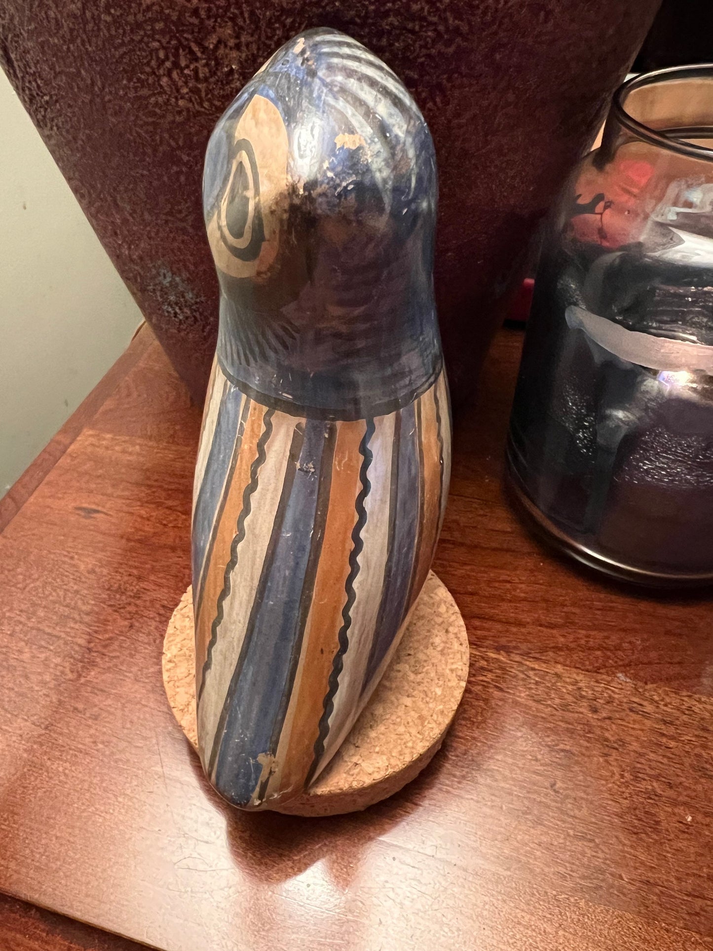 Vintage Tonala Pottery Owl: Red, White, and Blue Mexican Folk Art