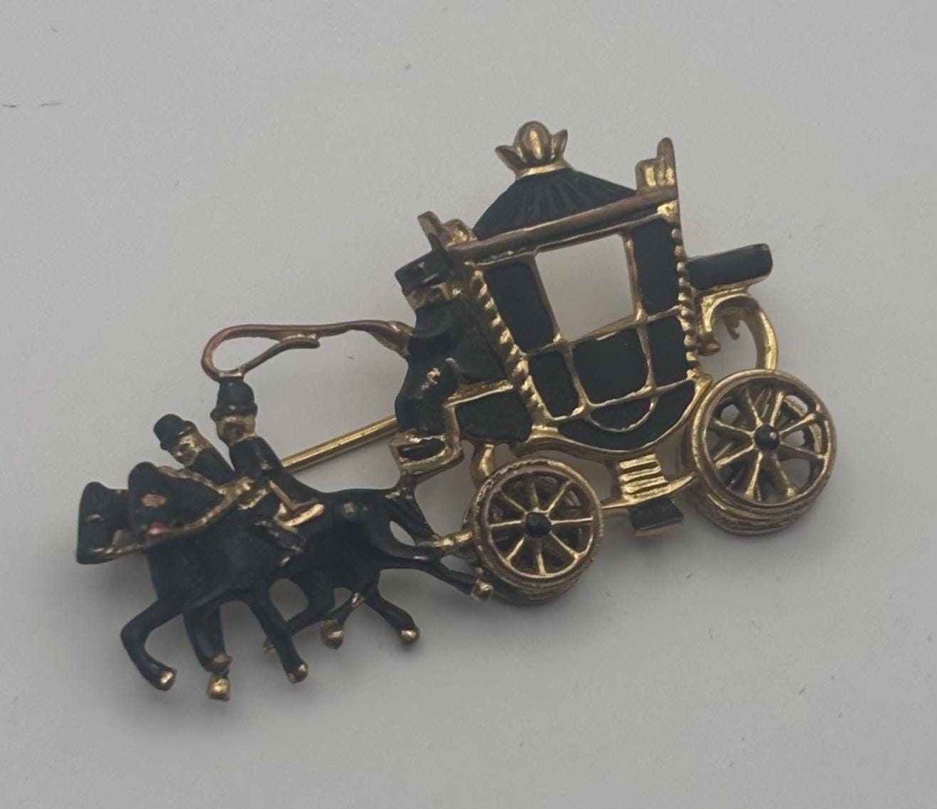 Vintage Carriage Stagecoach Horse Pin Black Enamel Gold Brooch Lover Antiques and Vintage