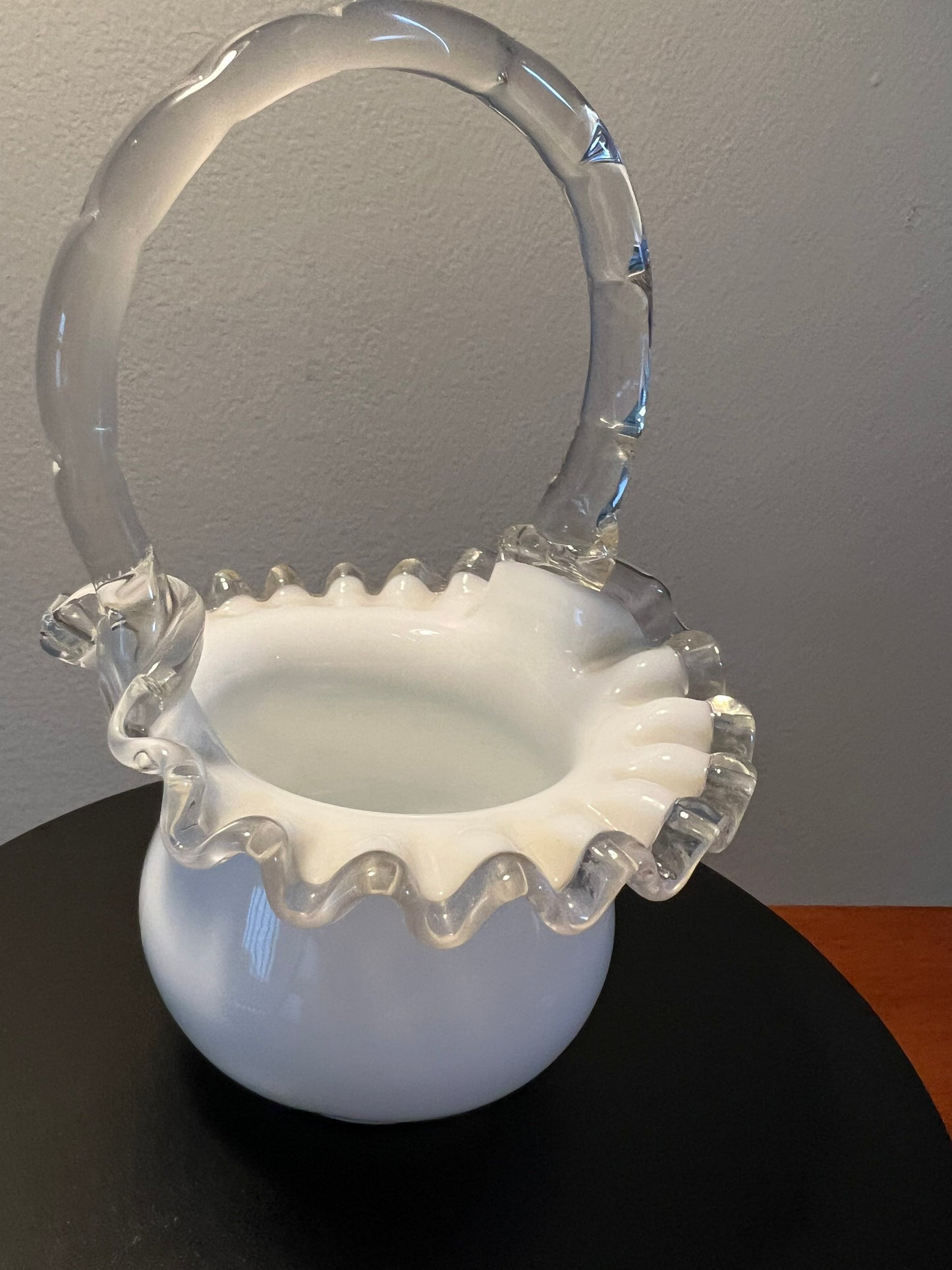 Vintage Fenton Silvercrest Basket Vase: White Ruffled Edge Art Glass