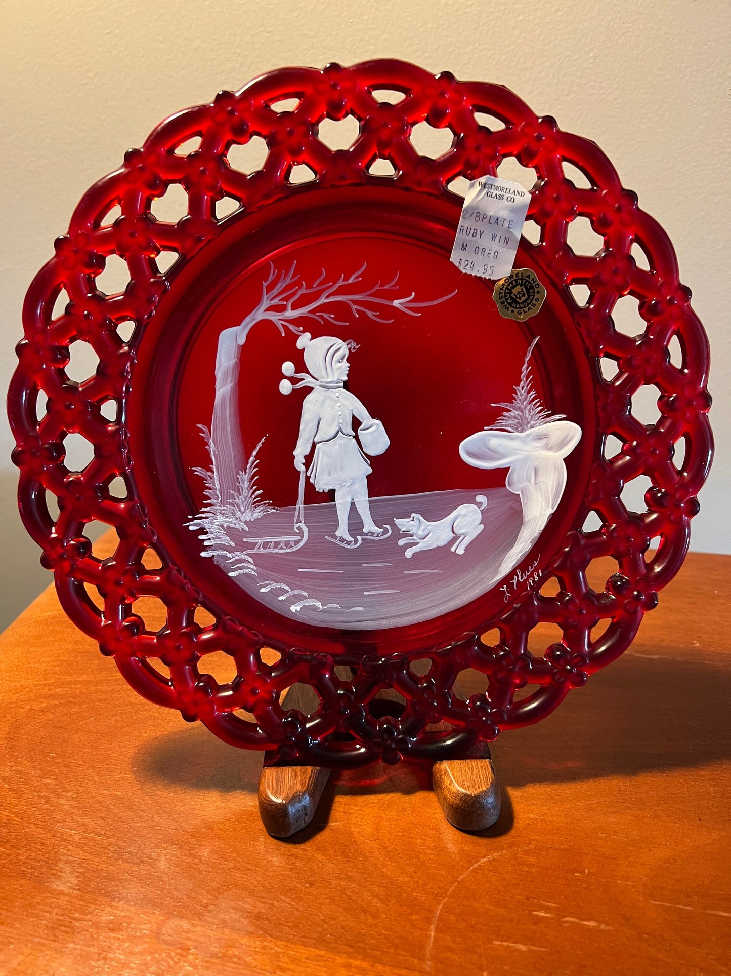 Vintage Westmoreland Ruby Red Plate: Girl, Dog, and Sled - 1981