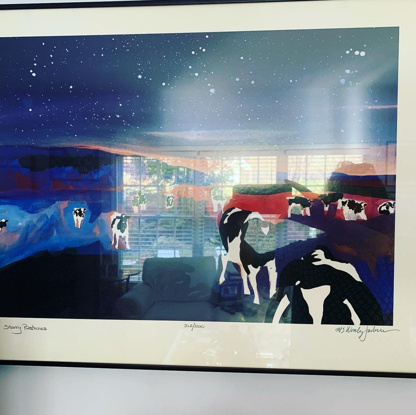 Vintage Woody Jackson Starry Pastures 1993 Signed Numbered & Framed Cow Print Abstract Ben and Jerry artwork art Lover Antiques and Vintage