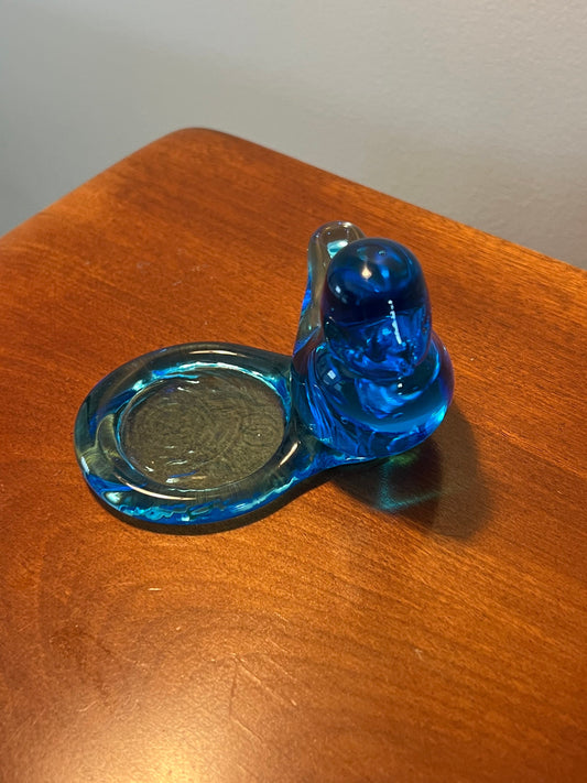 Vintage Blue Art Glass Bluebird of Happiness with Bird Bath, Signed Ron Ray 1995