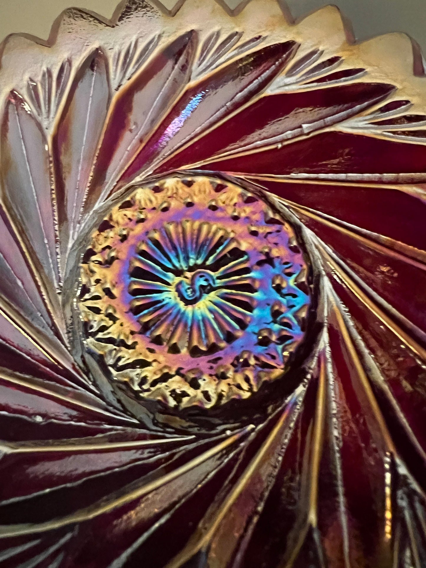Vintage LE Smith Ruby Red Carnival Glass Footed Bowl: Heritage Aztec Design