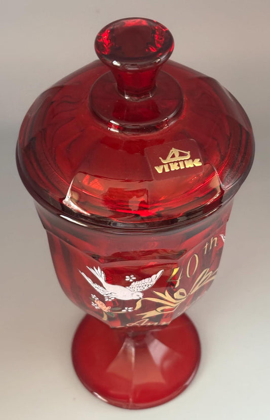 Viking Glass Ruby Red 40th Anniversary Glass Covered Candy Dish Lover Antiques and Vintage