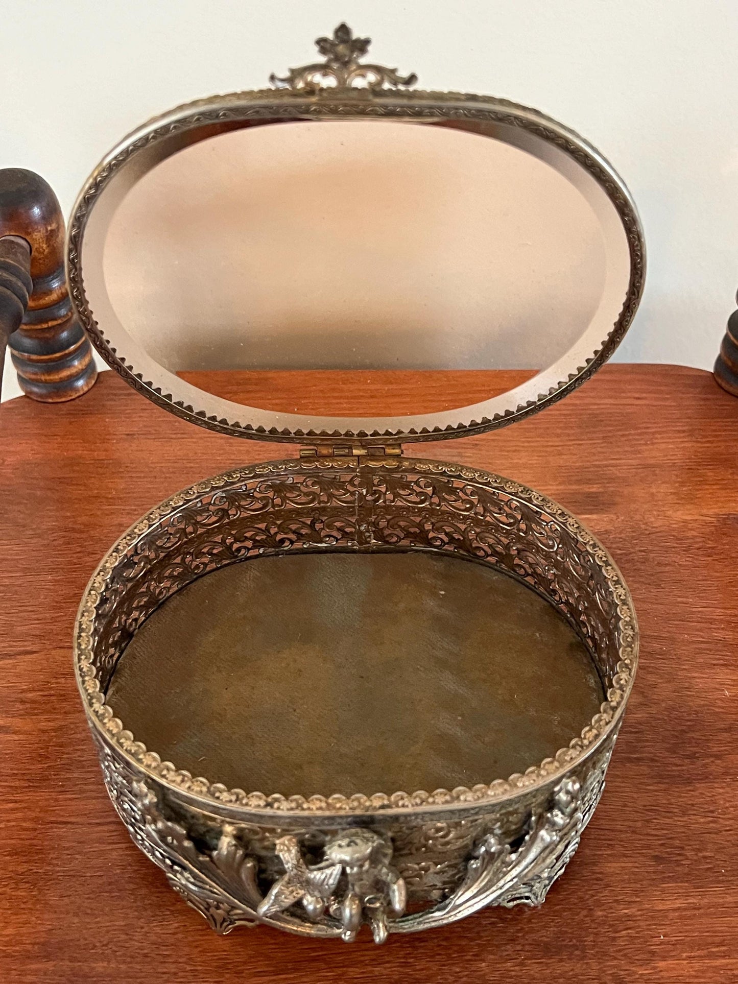 Vintage Angel Trinket Box: Gold Filigree Beveled Glass Casket