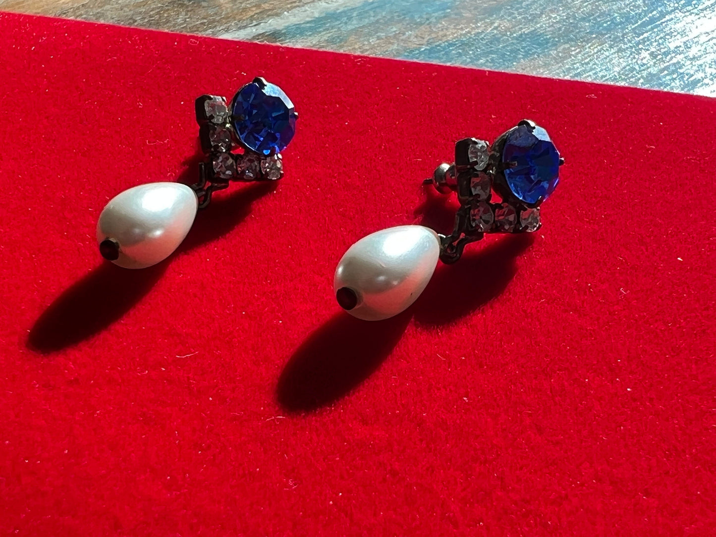 Vintage Faux Sapphire Pearl Drop Earrings: Bridal Swirl Dangle Jewelry