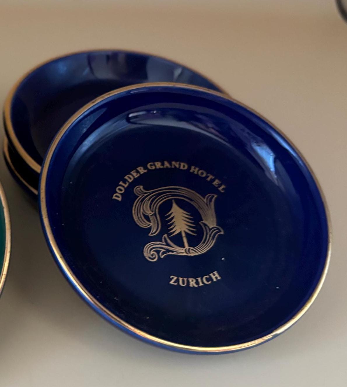Vintage Cobalt Blue Coasters: Dolder Grand Hotel Zurich, Gold Gilded, Set of 4