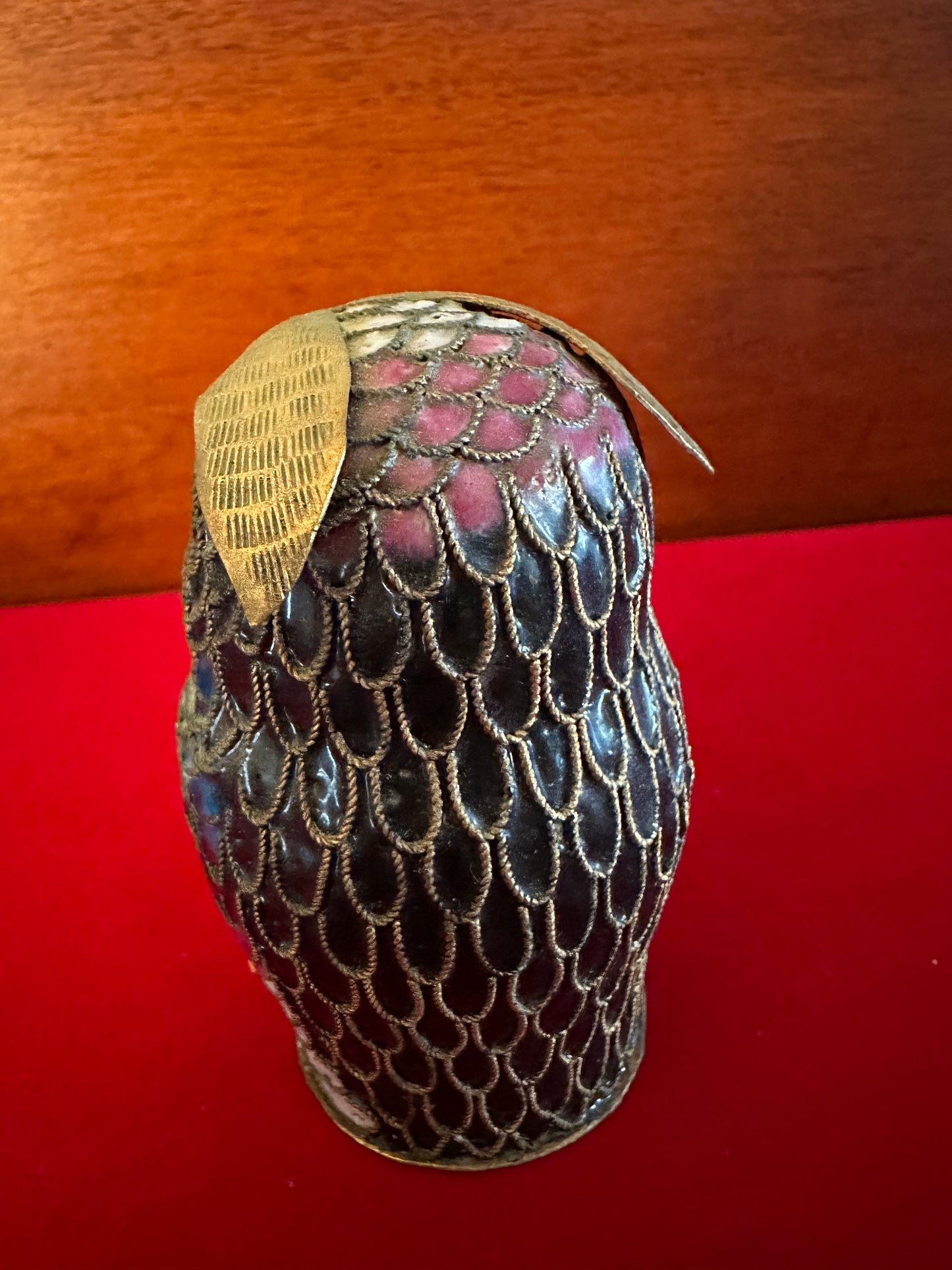Vintage Cloisonné Owl Statue: Enameled Brass Figurine with Gold Top
