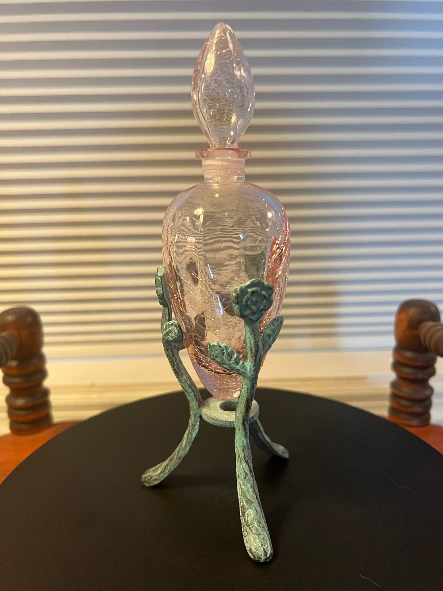 Vintage Pink Crackle Glass Perfume Bottle with Green Metal Stand