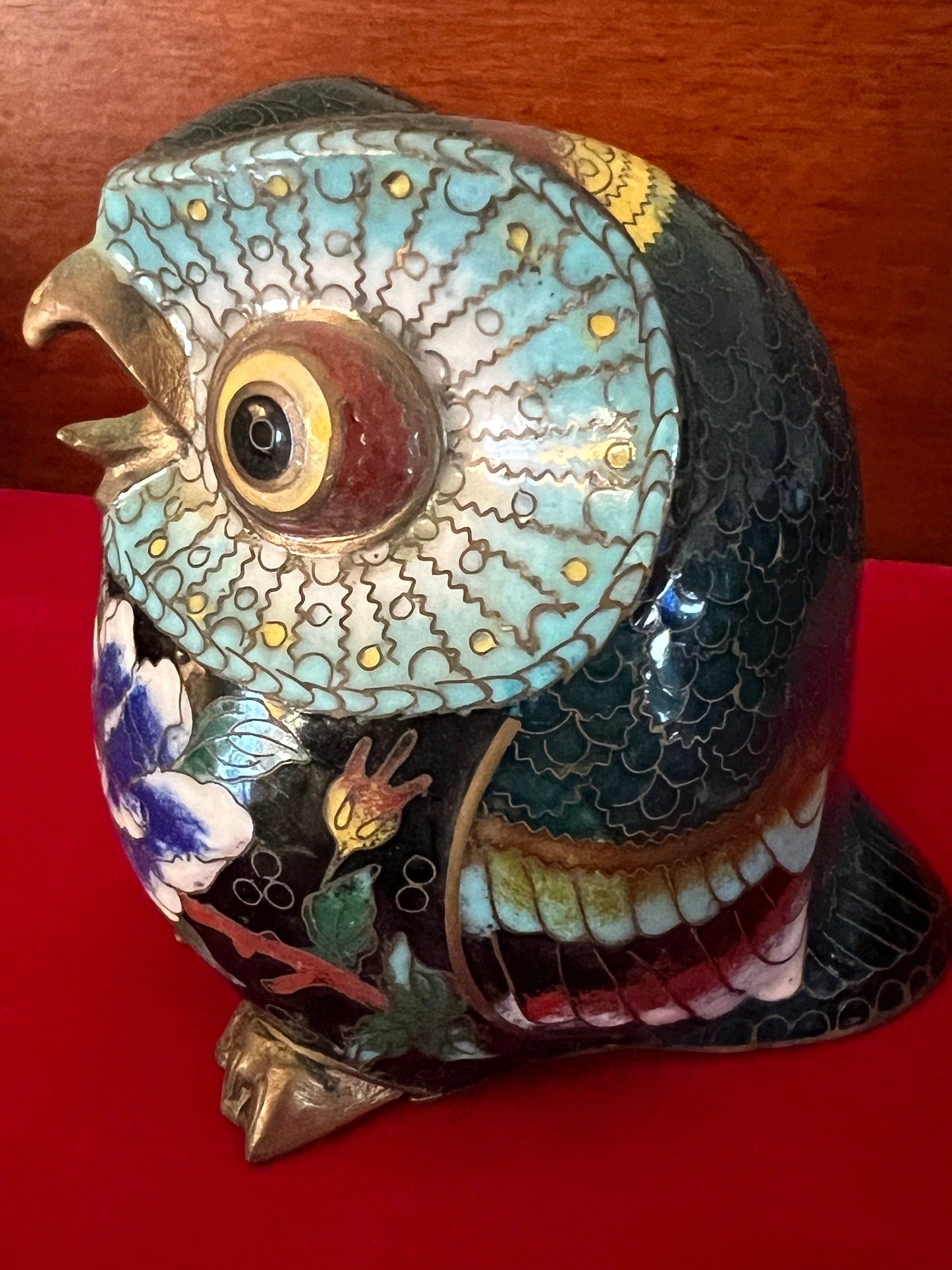 Vintage Cloisonné Enamel Owl Figurine: Cobalt Blue Brass Base