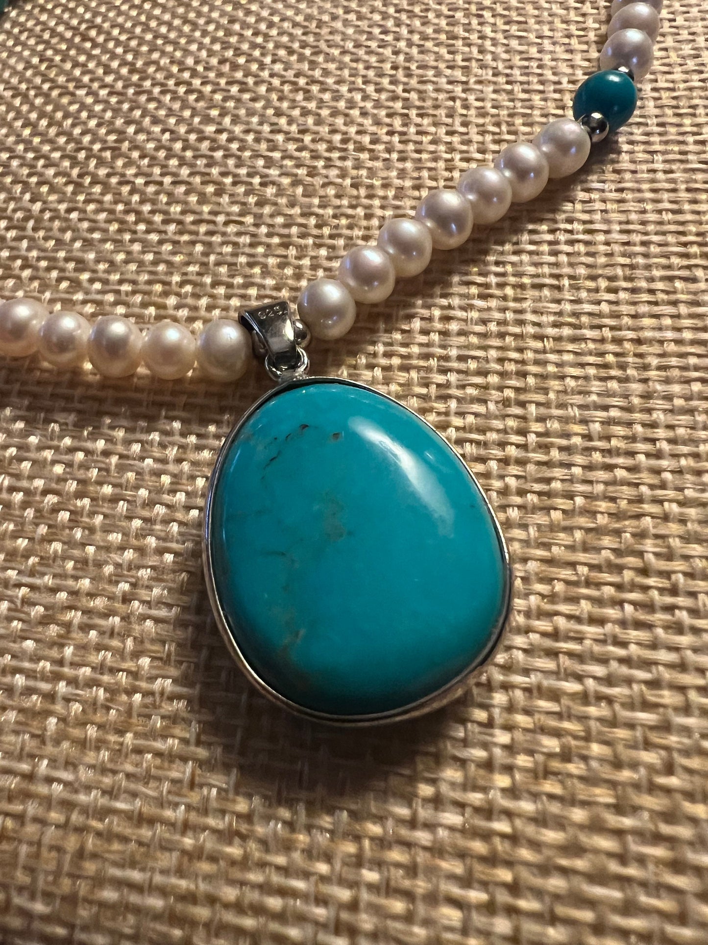 Vintage Sterling Silver Turquoise Pendant Pearl Beaded Necklace