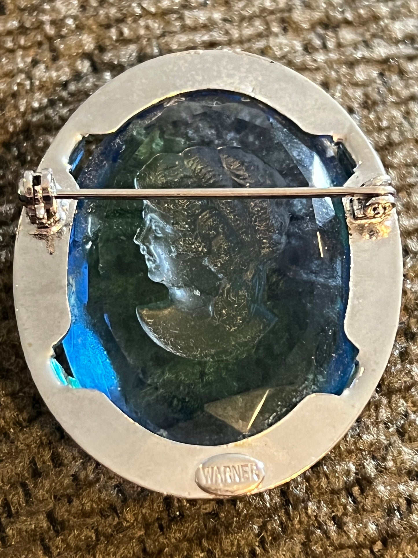 Vintage Warner Cobalt Blue Cameo Brooch: Reverse Carved Woman Portrait