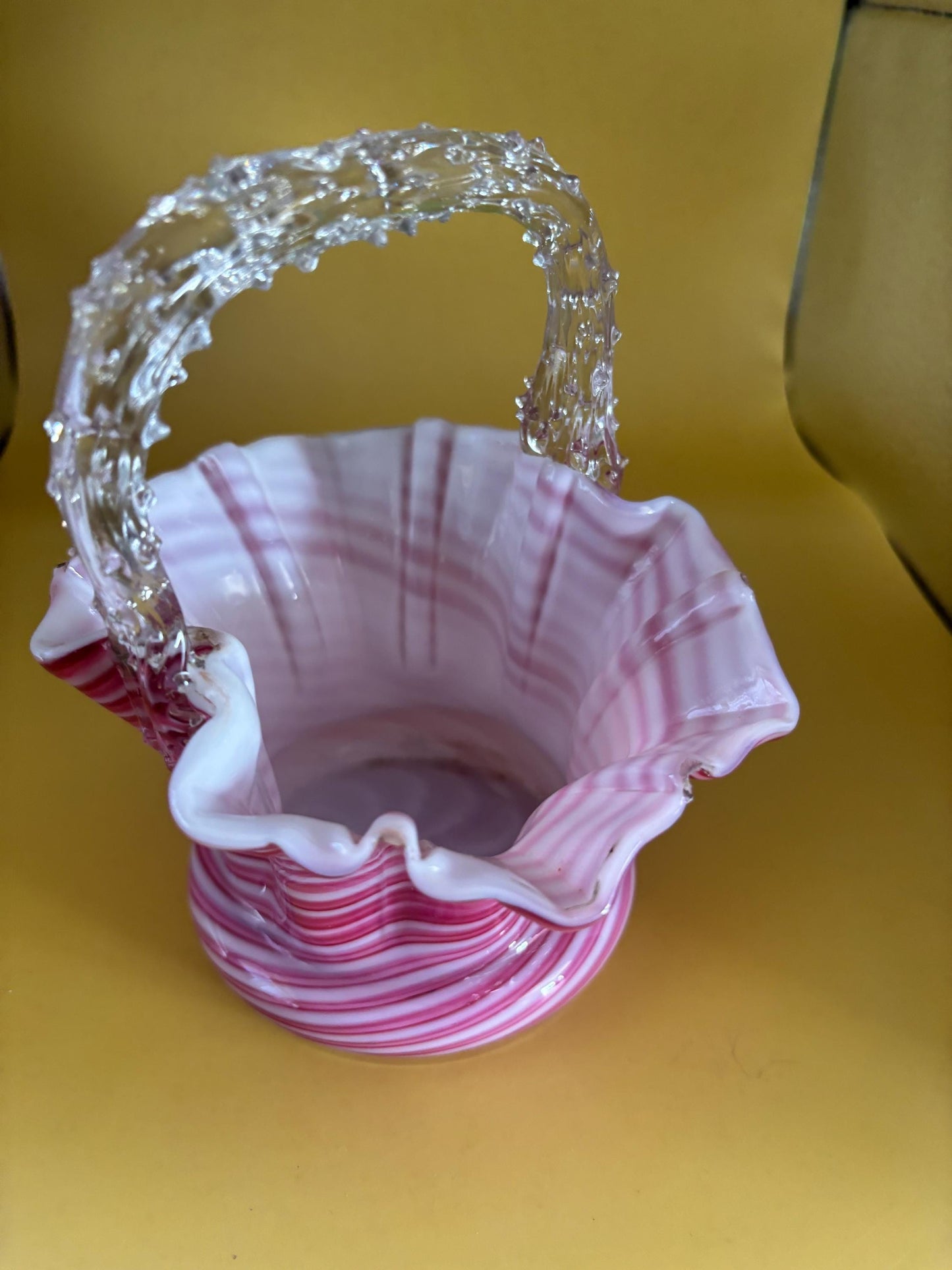 Antique Stevens & Williams Peppermint Pink Swirl Cased Glass Basket Thorn Handle Lover Antiques and Vintage