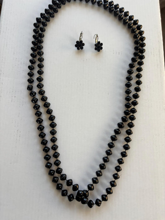 Vintage Long Black Beaded Necklace and Matching Earrings Lover Antiques and Vintage