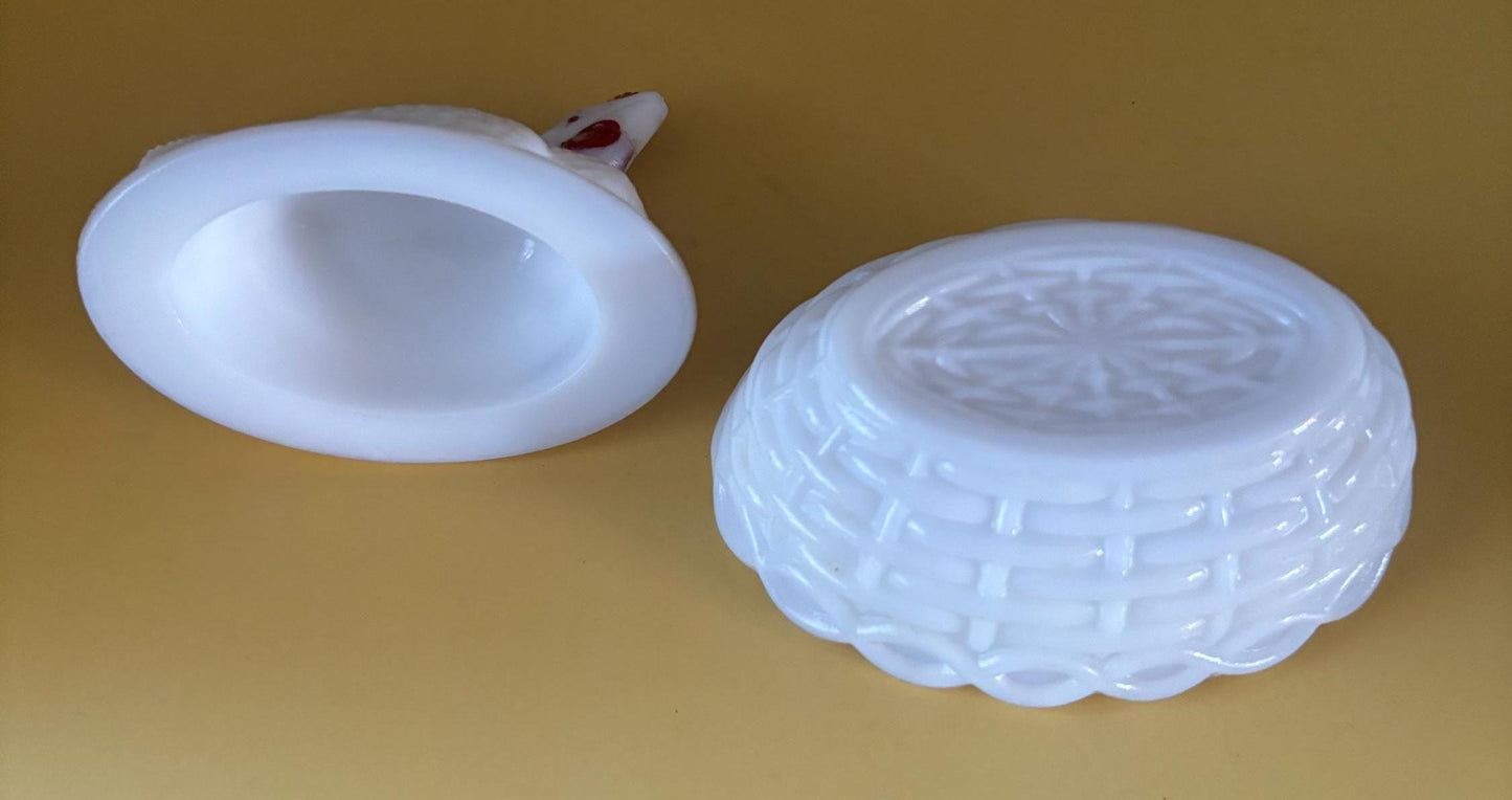 Vintage Westmoreland White & Red Rooster on Nest Glass Nesting on Basket Dish Lover Antiques and Vintage