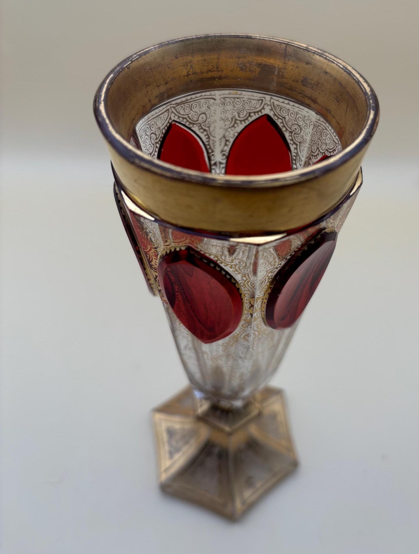 Antique Bohemian Cranberry Cut Cabochon Tall Vase with Gold Gilding Lover Antiques and Vintage