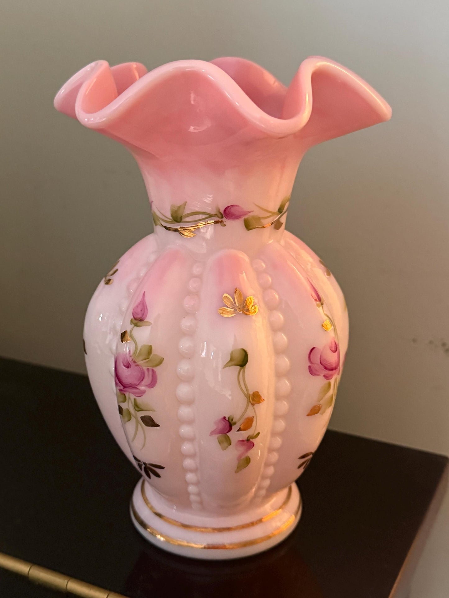 Fenton Rosalene Beaded Melon Vase, Charleton Rose Collection, Hand Painted By Linda Everson