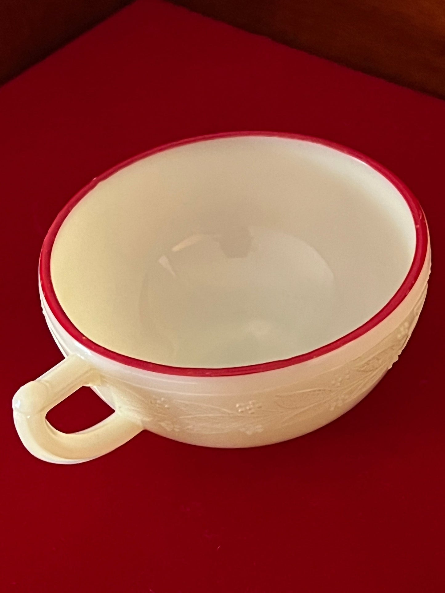 Vintage McKee Uranium Glass Tea Cup: Laurel Red Trim, Child's Tea Set