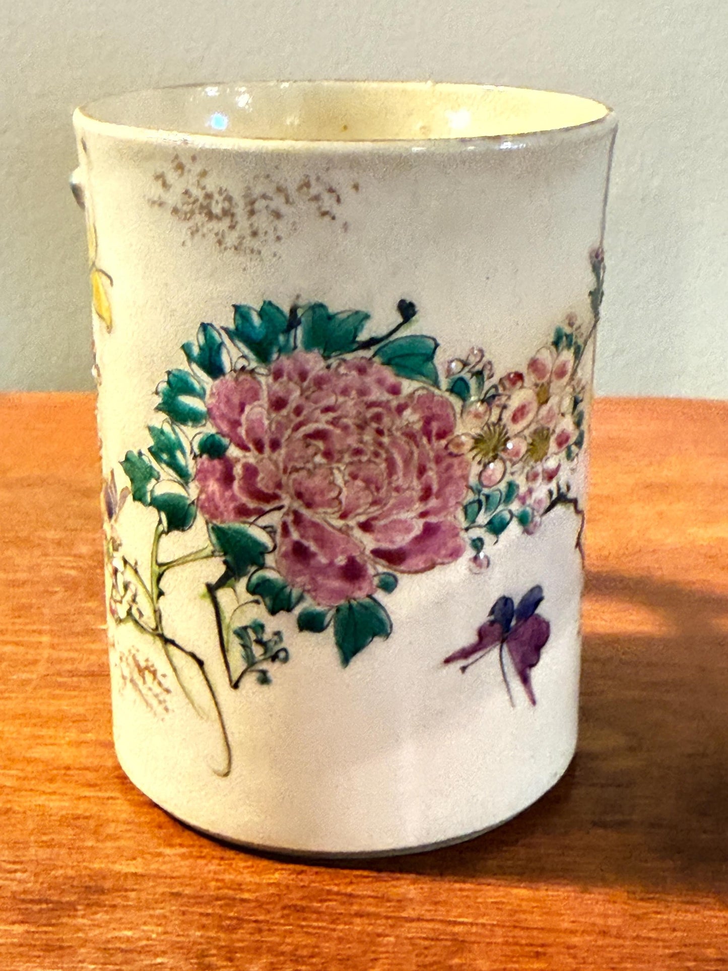 Antique Japanese Satsuma Pottery Cup With Green Handle Hand Painted early 20th Century Lover Antiques and Vintage
