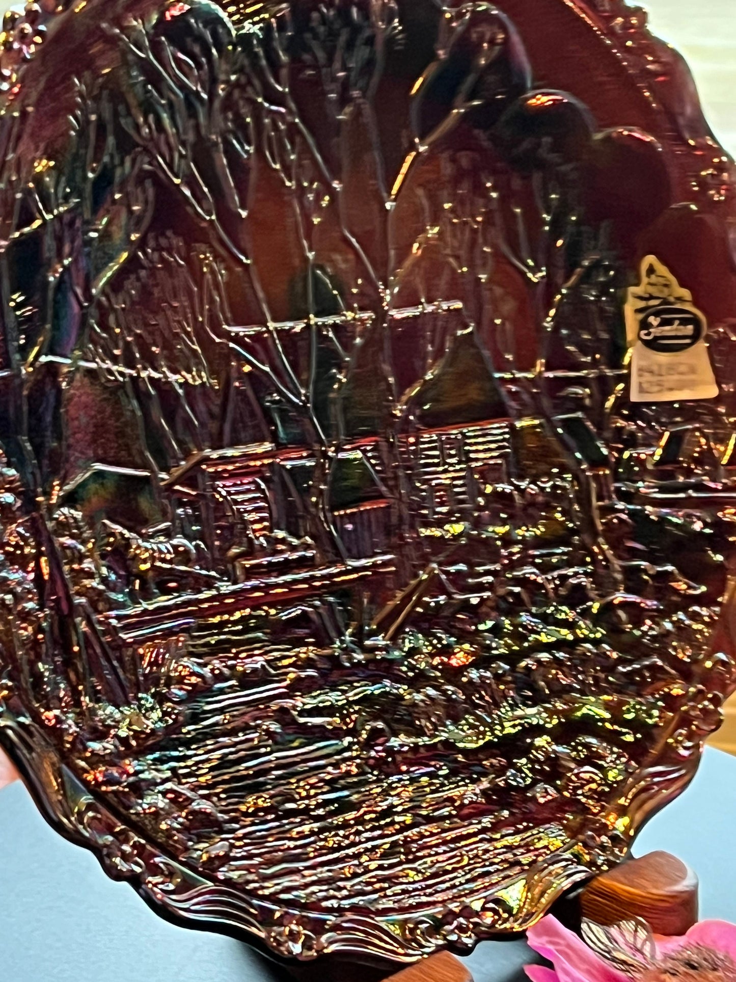 Vintage Fenton Carnival Glass Plate: Winter Country Scene