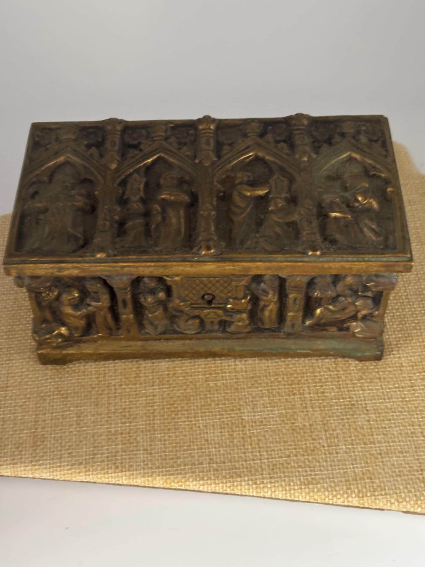 Antique Gothic Bronze Trinket Box Casket Jewelry Box Vintage Relic Collectible