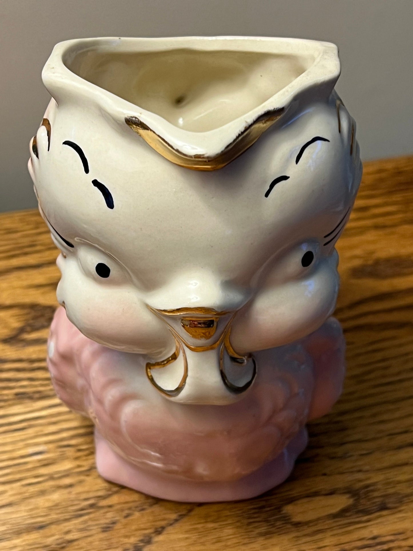 Vintage Shawnee Pottery Owl Pitcher: Pink & White with 14K Gold Trim