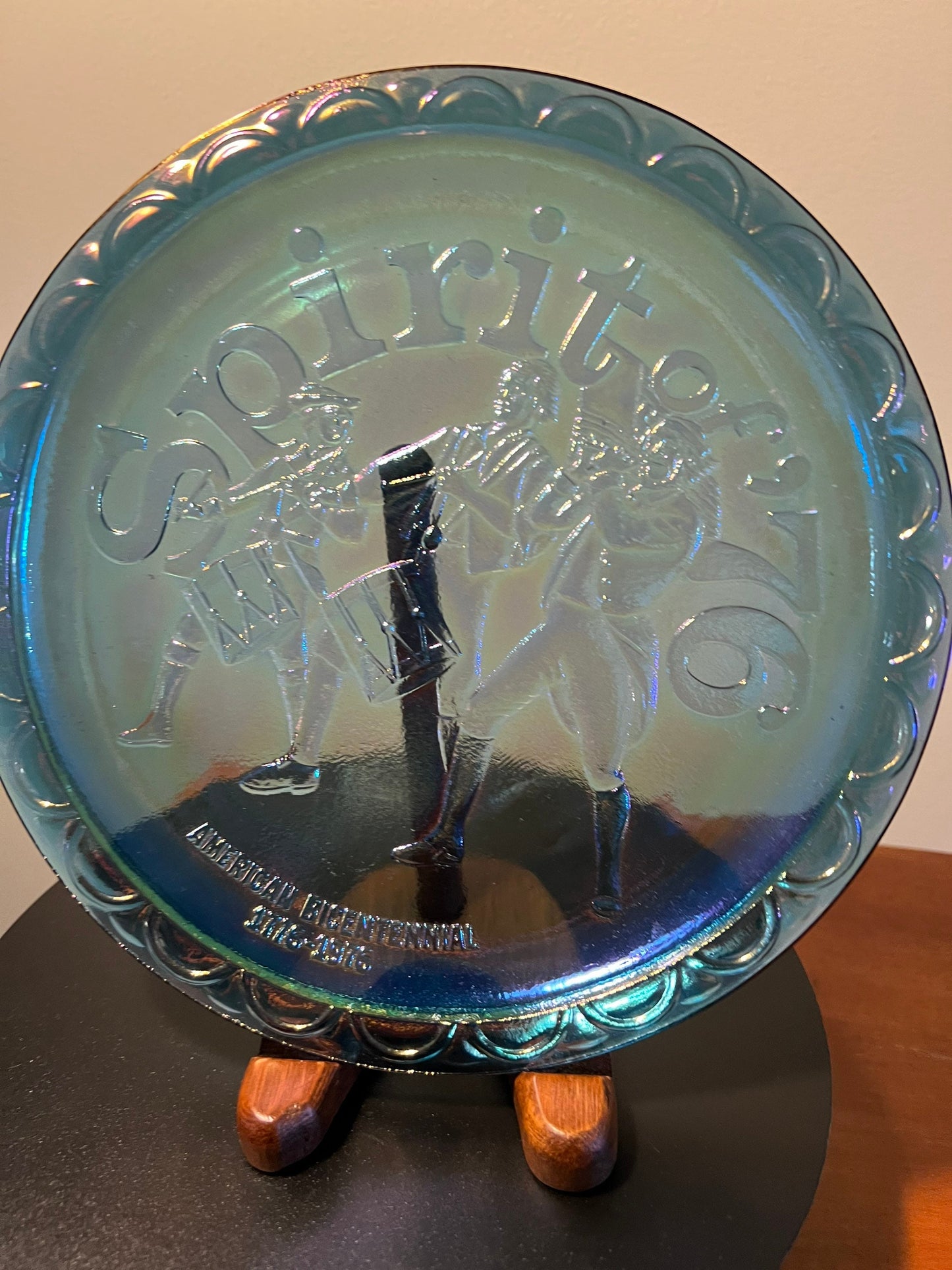 Vintage Indiana Glass Carnival Plate: 1776-1976 Bicentennial Iridescent Blue