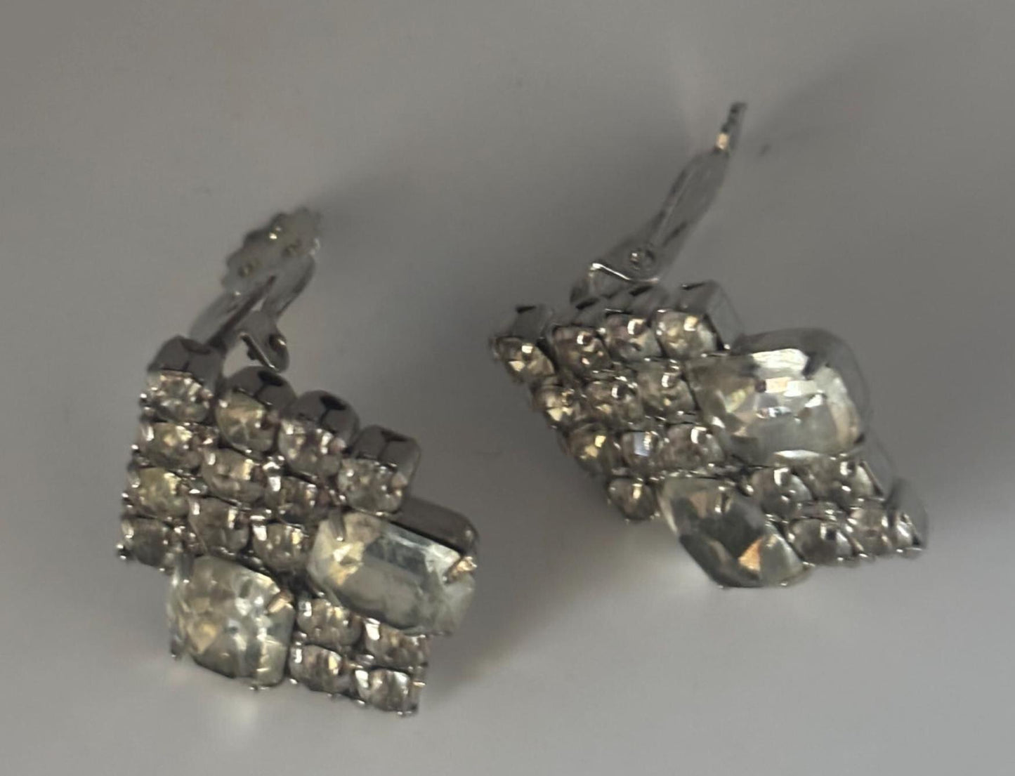 Silver Rhinestone Sparkling Clip On Earrings, Art Deco Jewelry