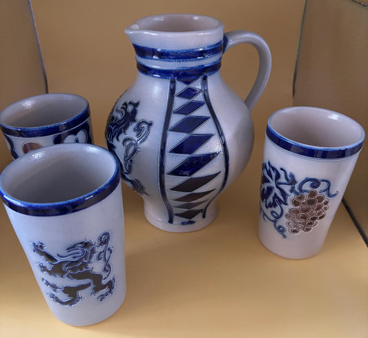 Antique Merkelbach Salt Glazed Westerwald Ceramic Pitcher and 3 Cups Pottery with Cobalt Blue Made In Germany Lover Antiques Vintage