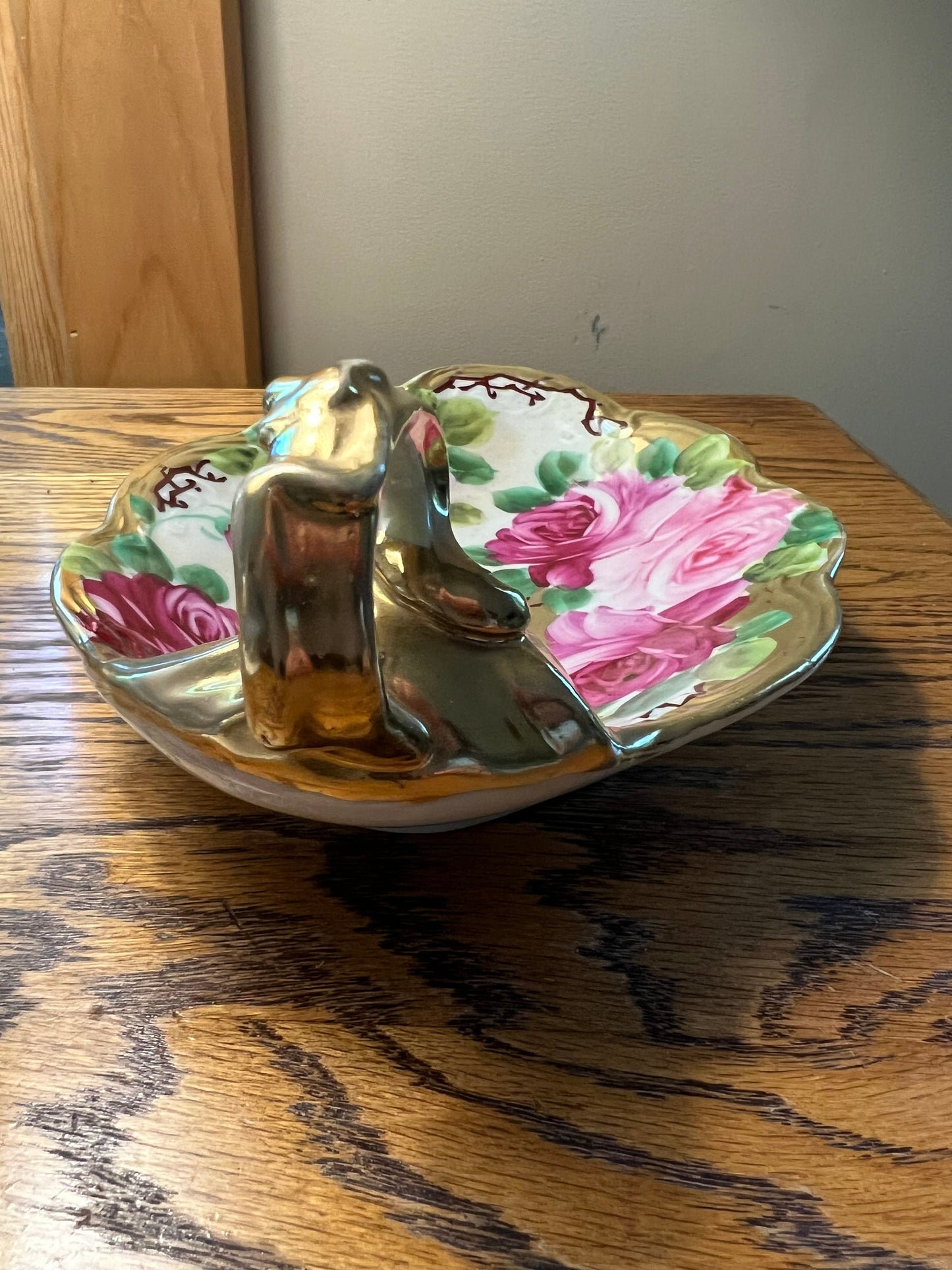 Vintage Nippon Porcelain Dresser Dish: Hand Painted Roses, Gold Handle