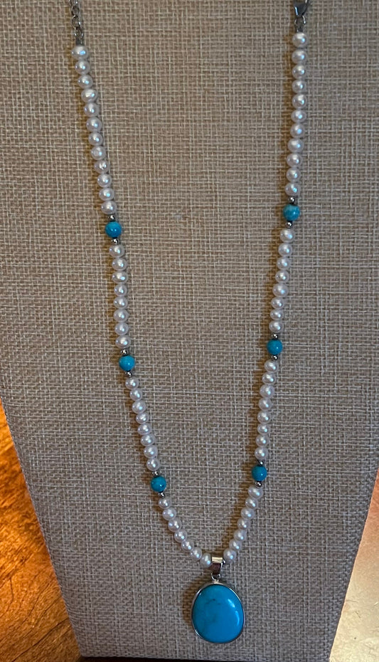 Vintage Sterling Silver Turquoise Pendant Pearl Beaded Necklace
