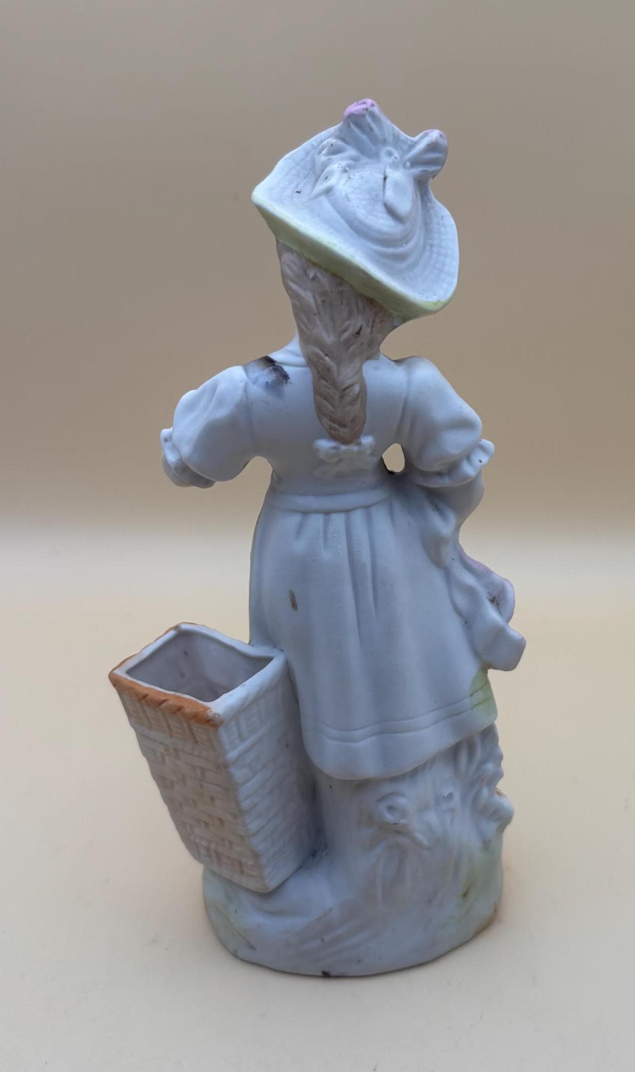 Antique Meissen Porcelain Woman with Broom and Flower Basket Statue Germany Hand Painted Figurine Lover Antiques and Vintage