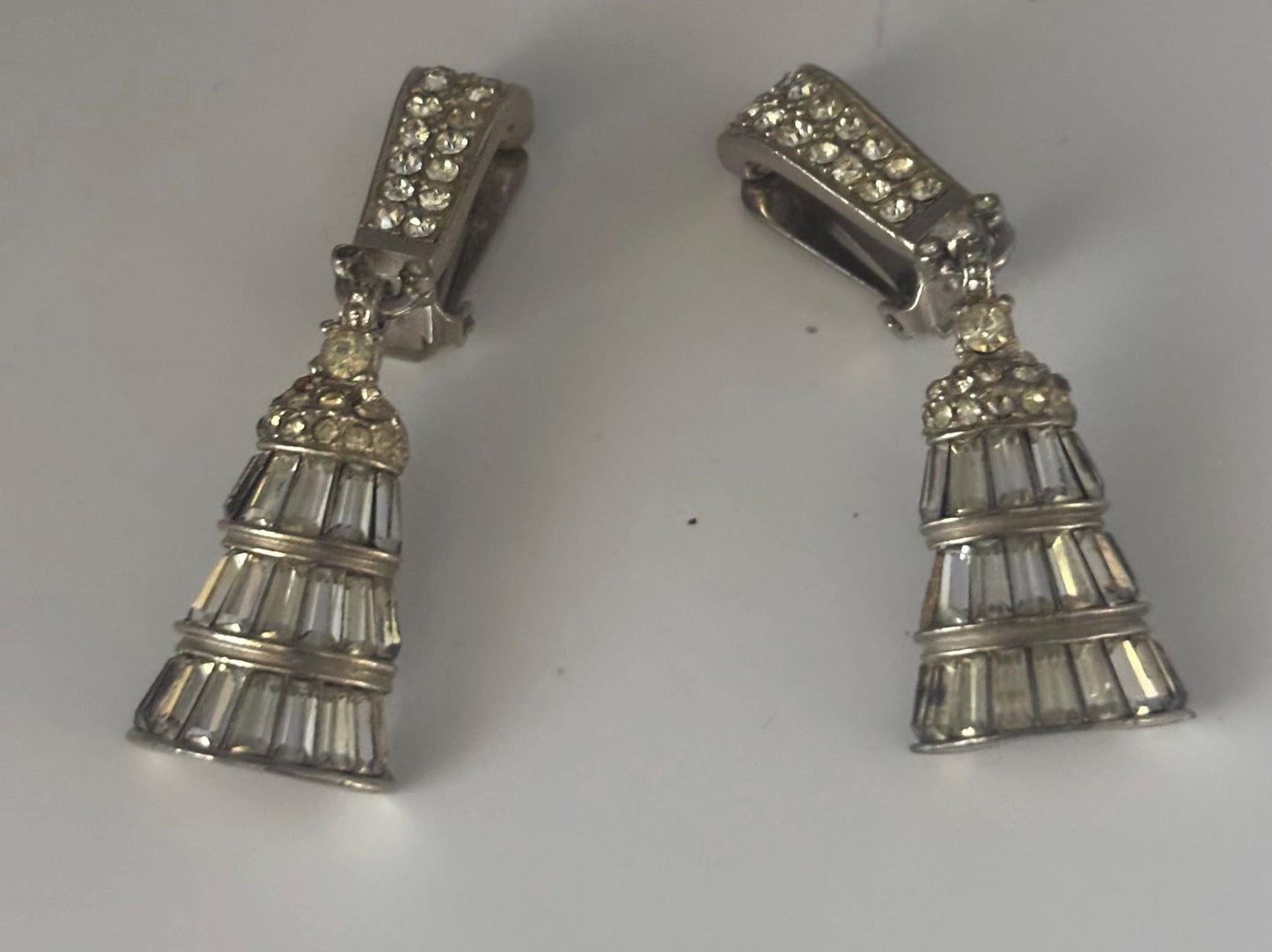 Pennino Rhinestone Earrings, Silver Three Tiered Baguette Cut Design, Bell Shaped