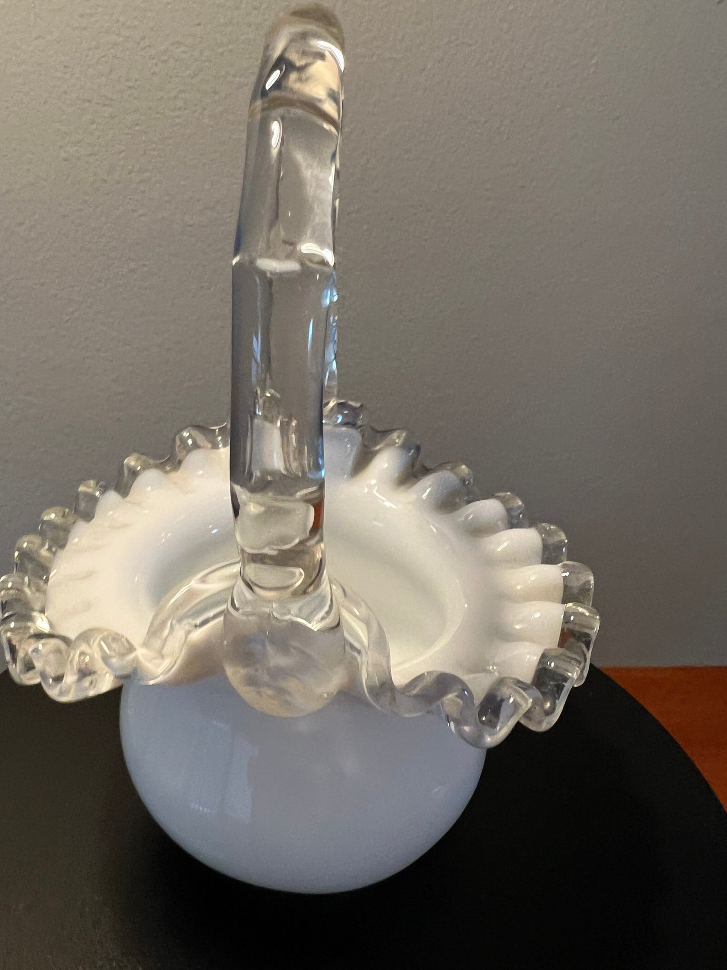 Vintage Fenton Silvercrest Basket Vase: White Ruffled Edge Art Glass