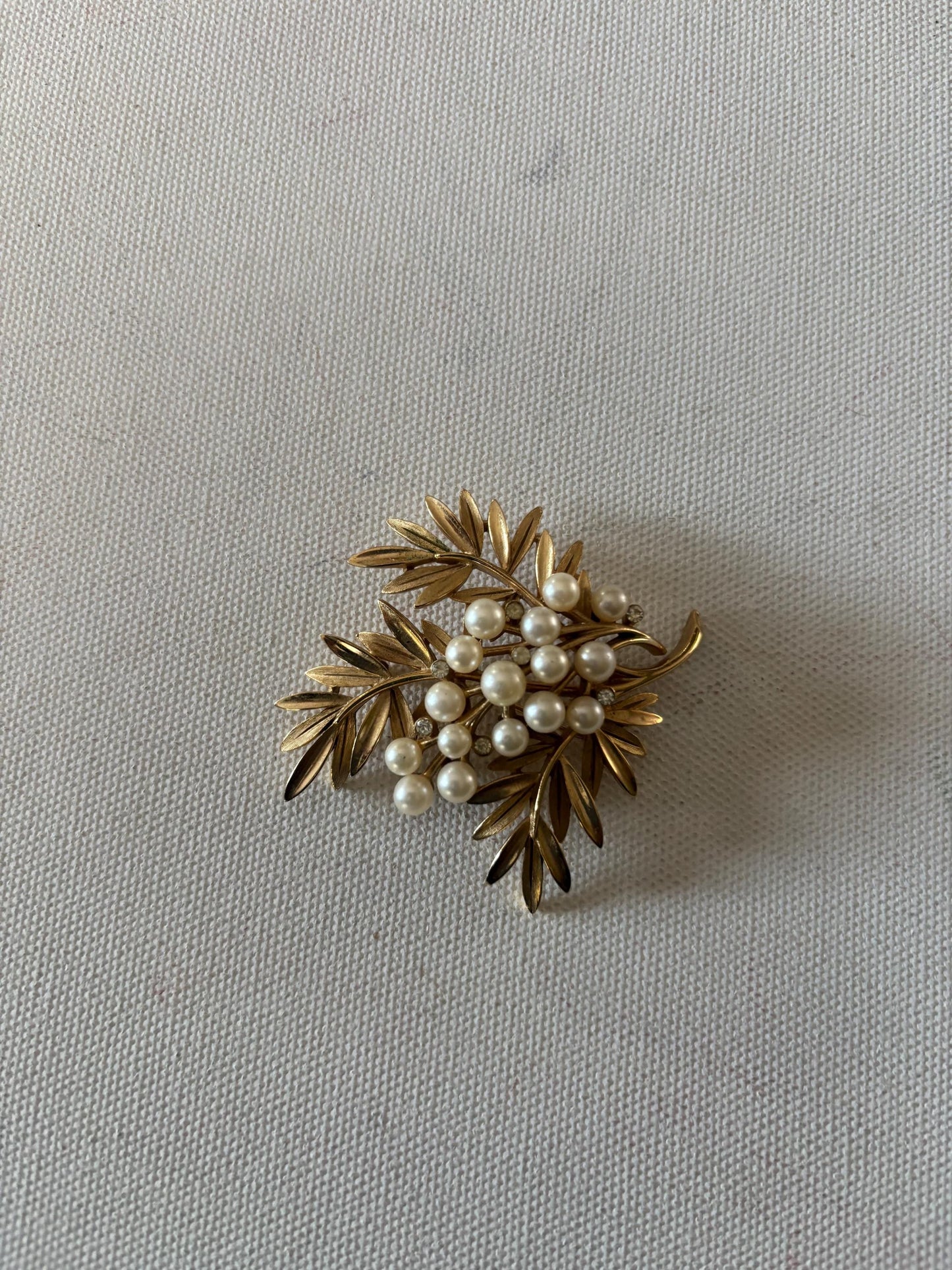 Vintage Crown Trifari Leaf Faux Pearl Brooch Gold Tone Pin Coat Pin Lover Antiques and Vintage