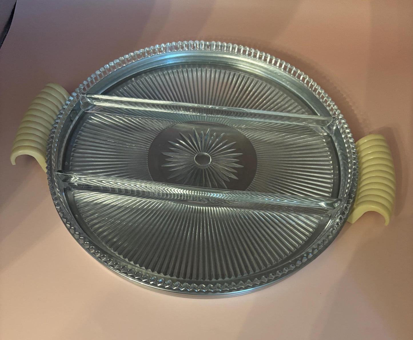 Vintage Glass & Pewter Platter with Green Handles, 12" Diameter