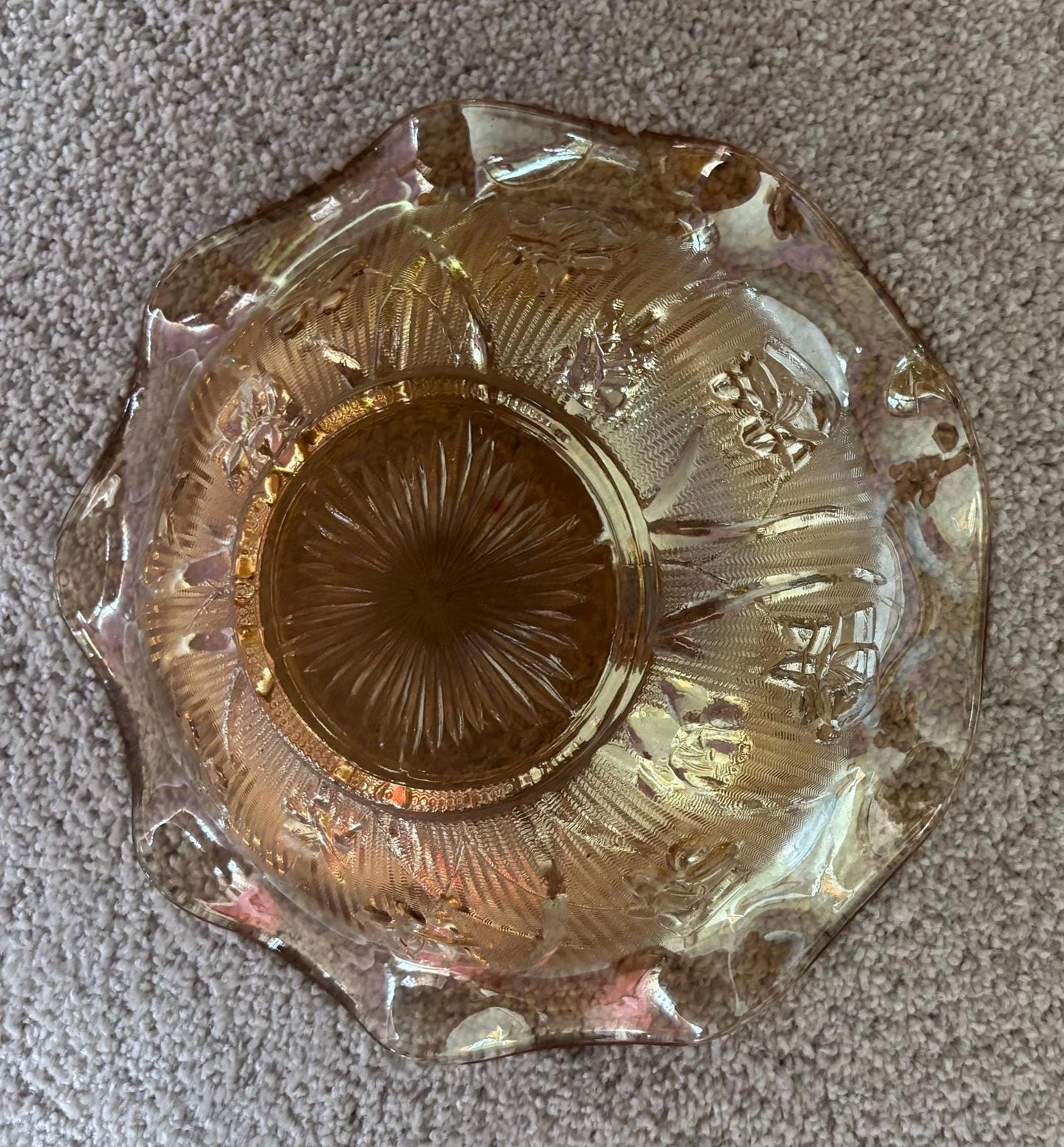 Jeannette Iris and Herringbone Marigold Carnival Glass Ruffled Bowl, Lover Antiques and Vintage