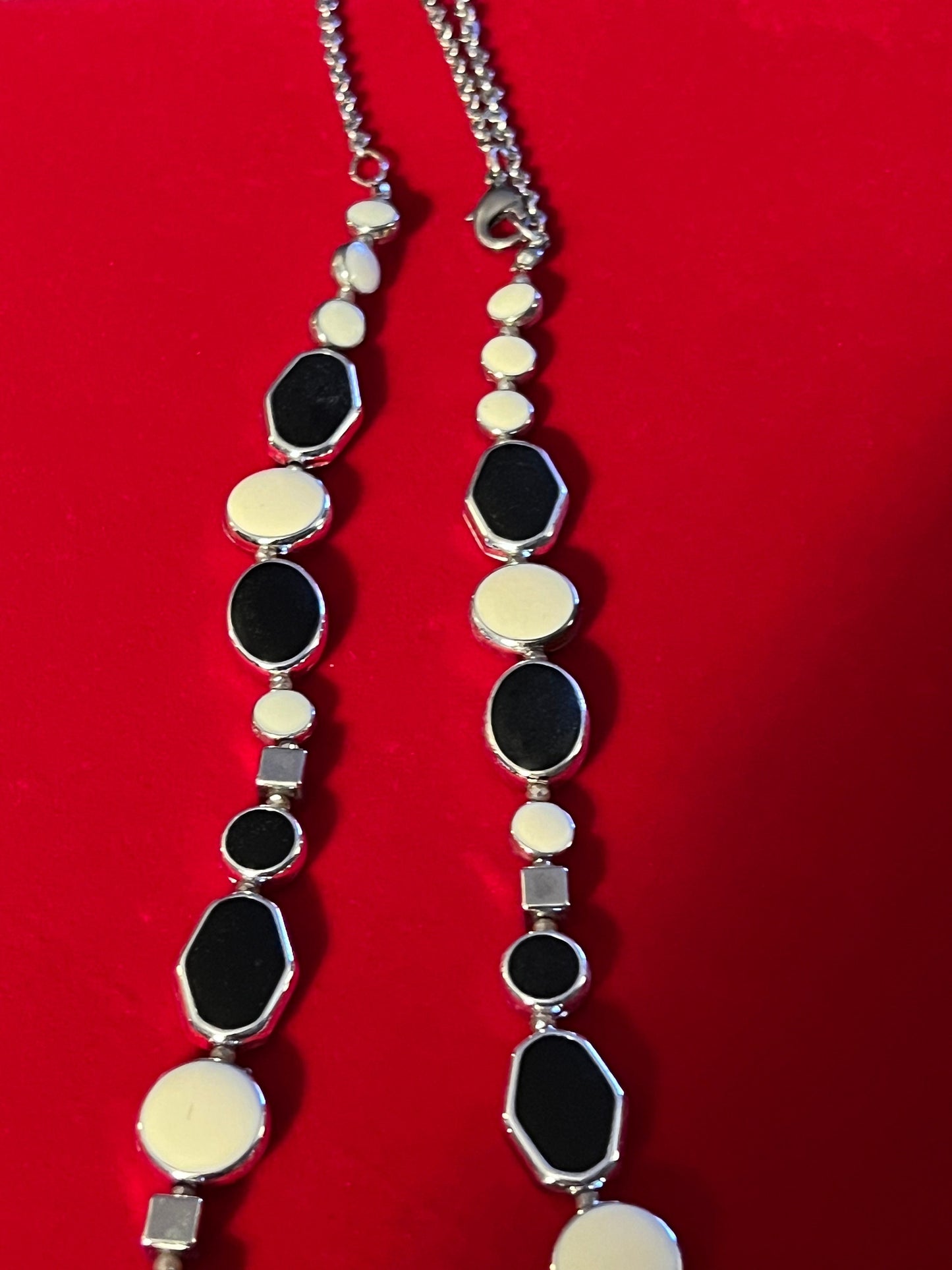 Vintage Cream & Black Necklace: Long Silver Tone Chain, 14"