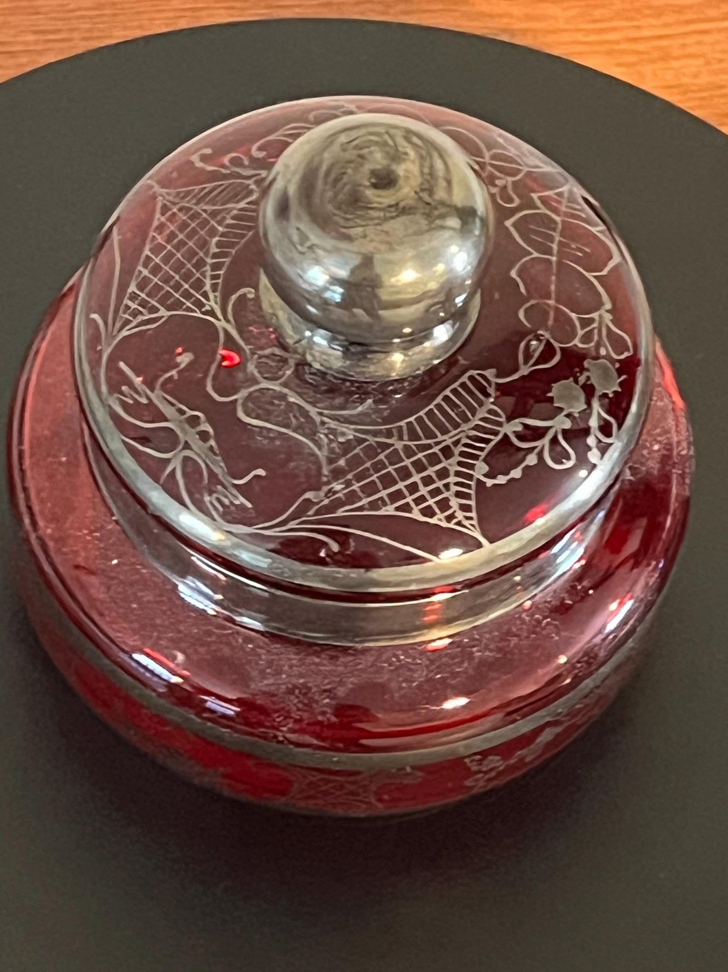 Vintage Ruby Red Glass Trinket Box: Bohemian Silver Gilding